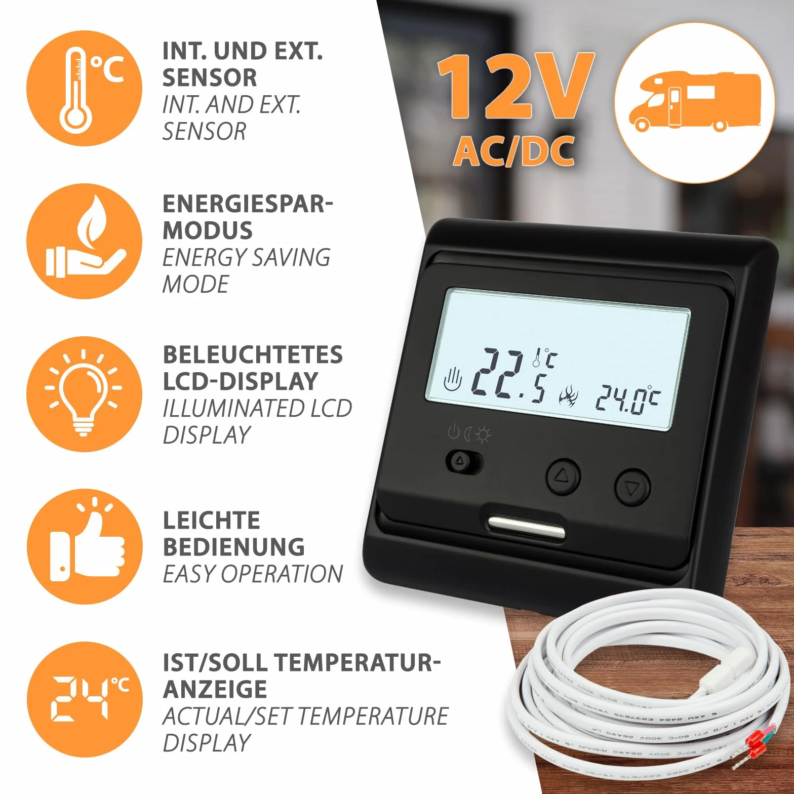 Elektryczna podłogowa ogrzewaczka 12V 2,0 m z termostatem do przyczep kempingowych