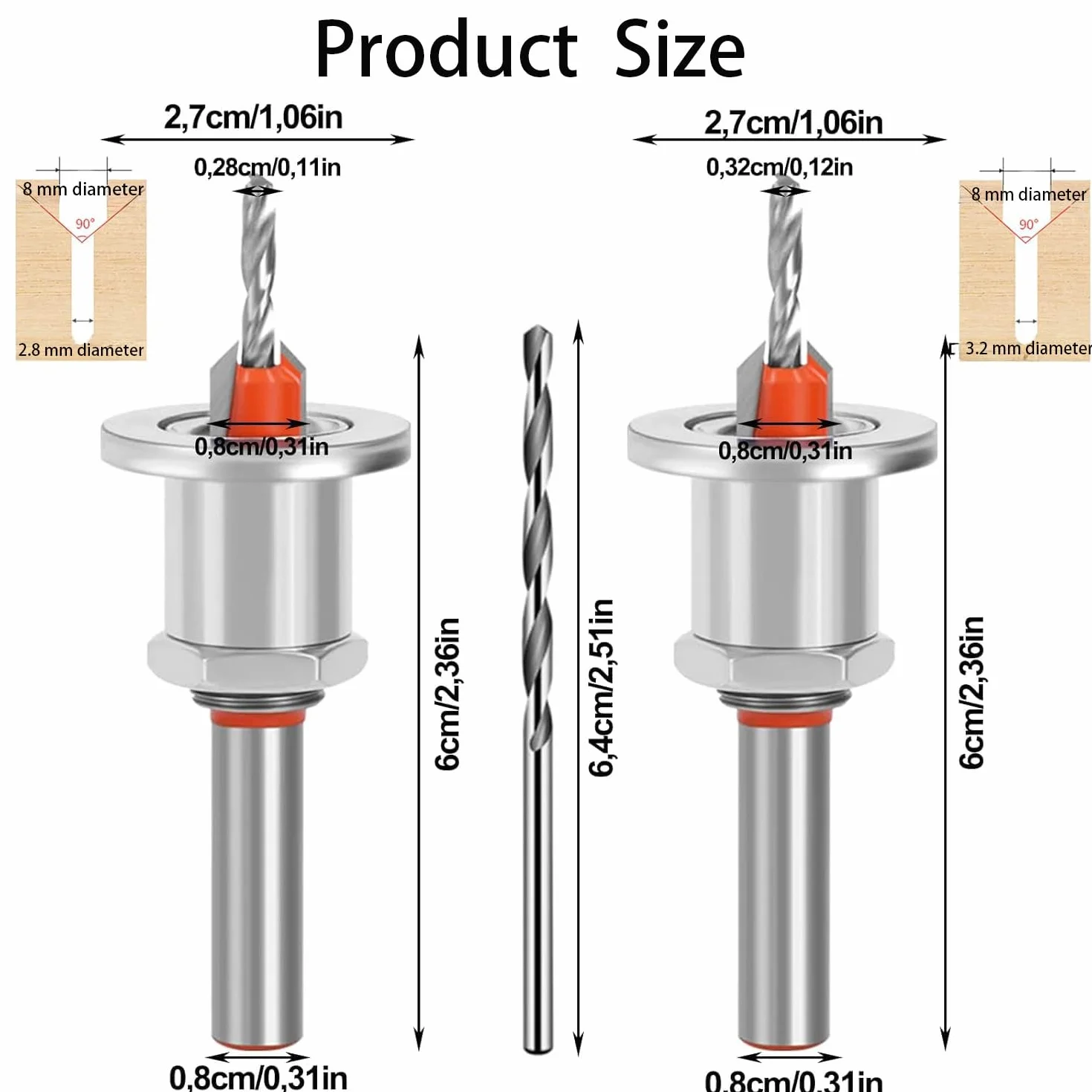 2 x zestaw wierteł stożkowych 8 mm z ogranicznikiem głębokości, wiertło do wiertła 2,8-3,2 mm z kluczem sześciokątnym i śrubami do drewna i tworzywa sztucznego