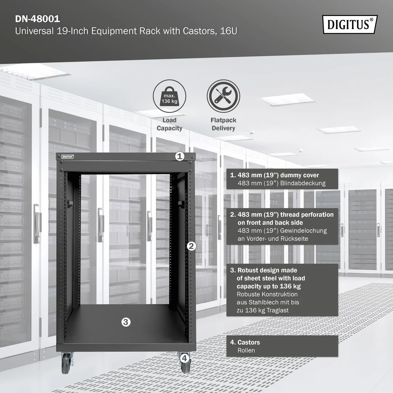 DIGITUS DN-48001 - Szafa rack audio - 19 cali - 16U - Uniwersalna szafa rack - Na akcesoria audio-video - Niezmontowana - Maks. obciążenie 136 kg - Z kółkami - Czarny