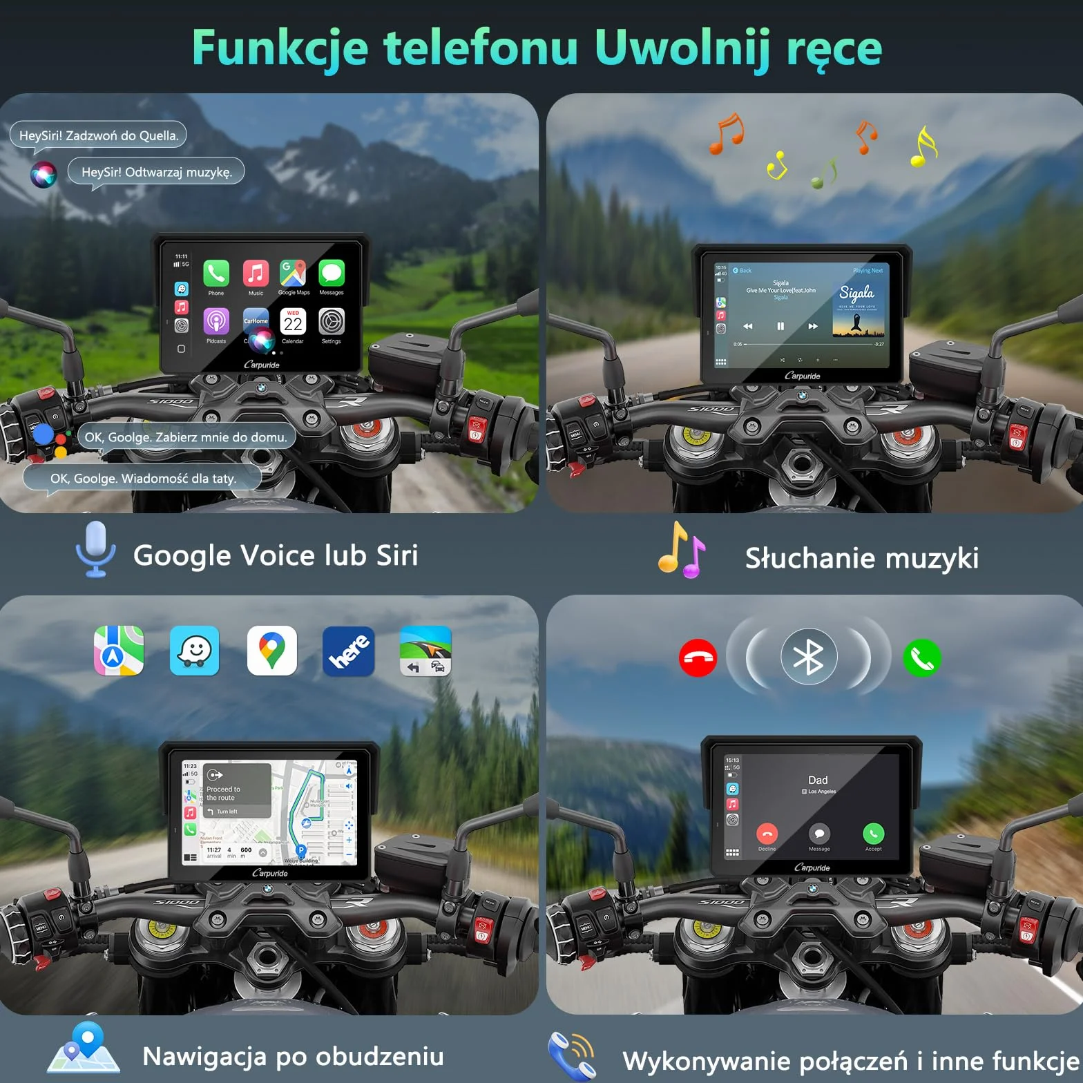 CARPURIDE W502BS PRO do motocykli BMW, CarPlay i Android Auto, podwójny Bluetooth, 5-calowy wodoodporny ekran nawigacji GPS, odczyt danych, Native Wonder, TPMS, czujnik światła, udostępnianie muzyki,