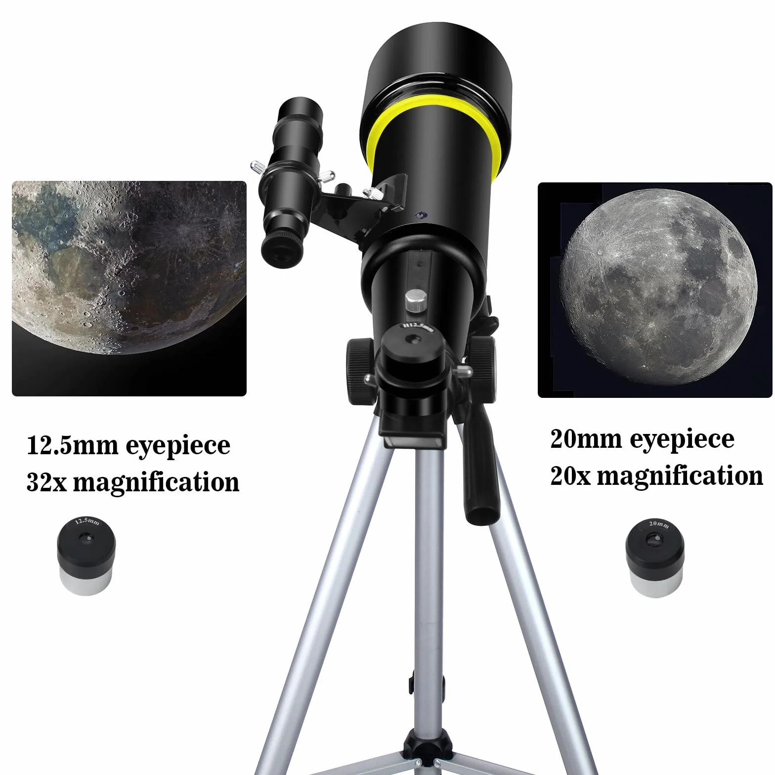 Teleskop dla dorosłych początkujących, otwarcie 70 mm, 400 mm, wsparcie AZ, wielopowłokowy refraktor optyczny, podróżny ze statywem, adapter do telefonu (czarny)