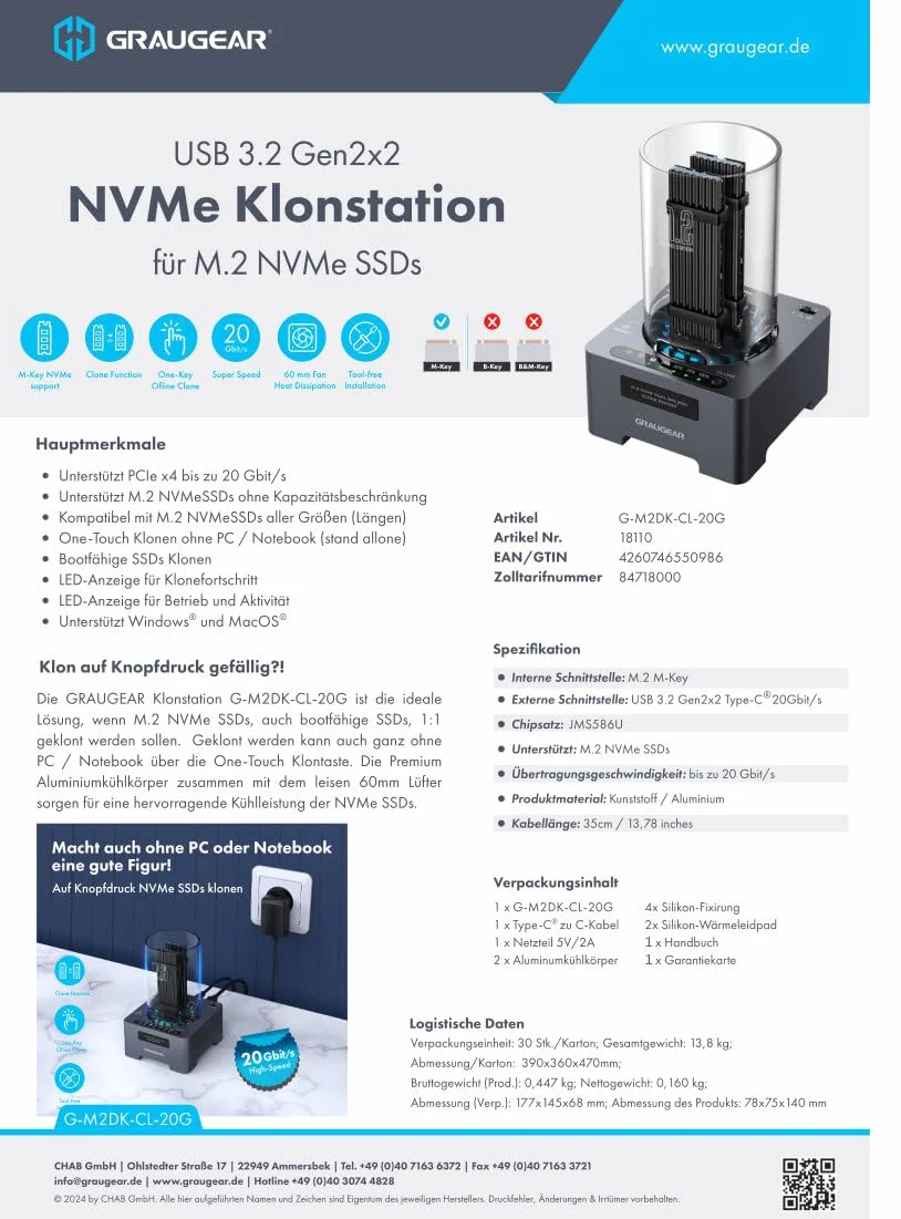 GRAUGEAR Stacja dokująca M2 NVMe SSD Clone-Station do 2x M.2 PCIe SSD 22100/2280/2260/2242/2230 M-Key USB 3.2 Gen2x2 20 Gbit/s