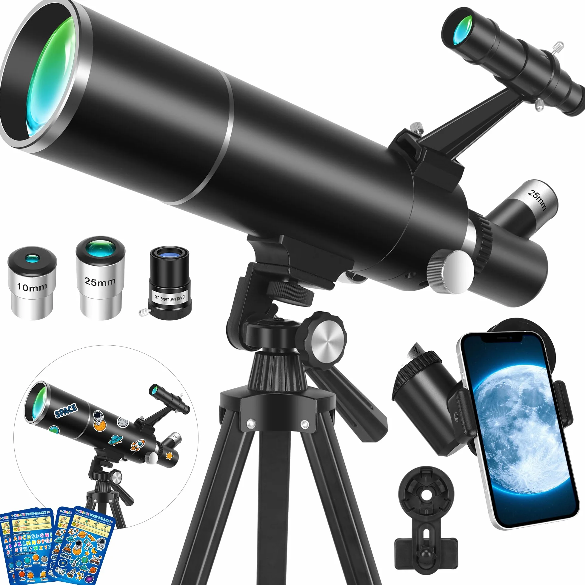 Teleskop, profesjonalny teleskop astronomiczny dla dorosłych, 80/500mm astronomiczny teleskop refrakcyjny dla dzieci i początkujących z statywem, adapterem do telefonu – idealny do
