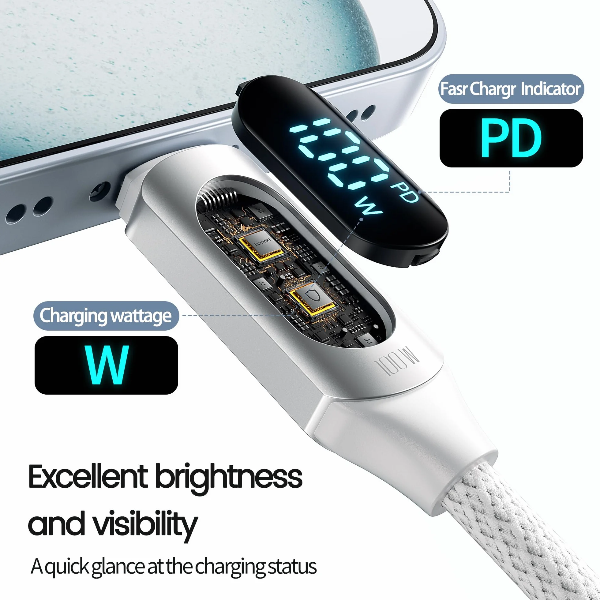 Kabel USB C do USB C 100W 5A 1M szybkie ładowanie PD QC5.0 LED wyświetlacz kompatybilny iPhone 15 Pro Max MacBook Pro Air iPad Pro Biały