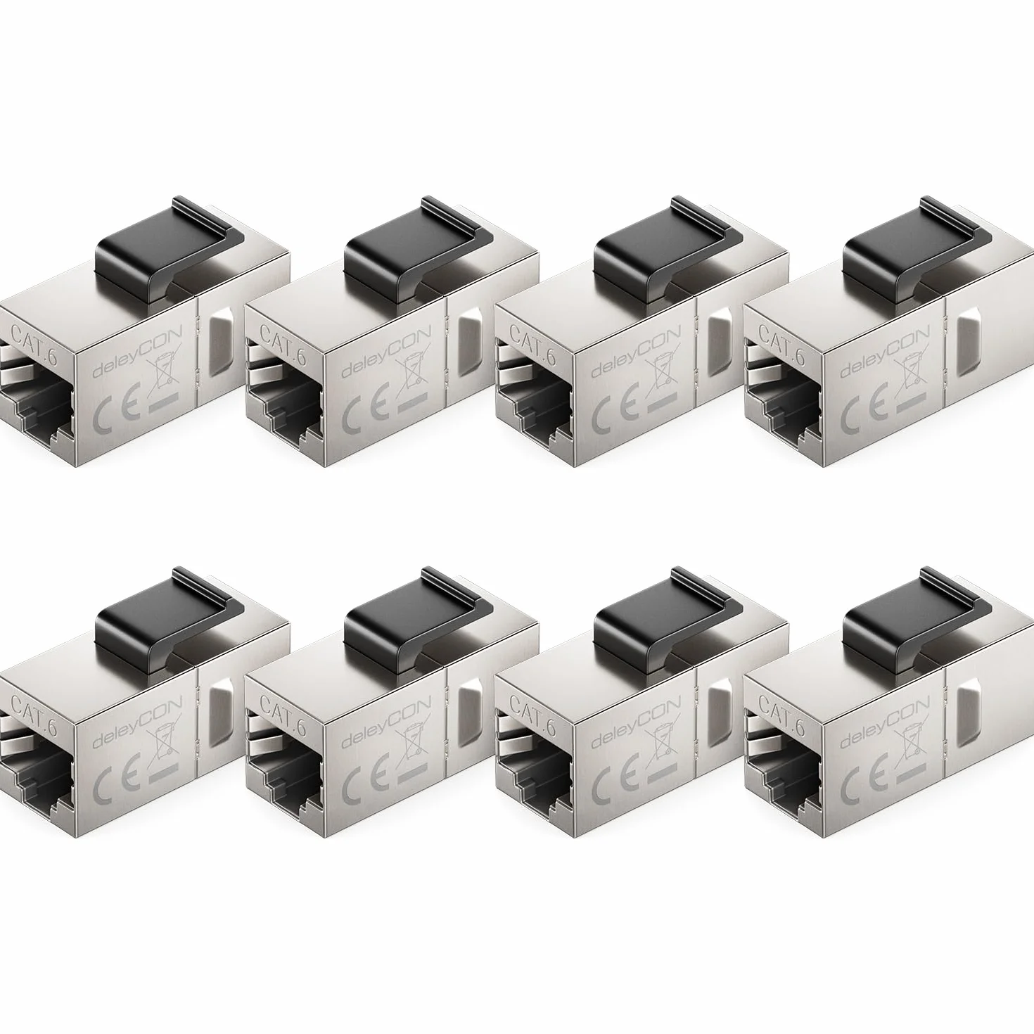 deleyCON Złączka Keystone RJ45 CAT6 (ZESTAW 8 Sztuk) - STP, Gniazdo na Gniazdo RJ45, 1 Gbit/s, 250 MHz, Złączka LAN 1:1, Niklowana Miedź - Srebro