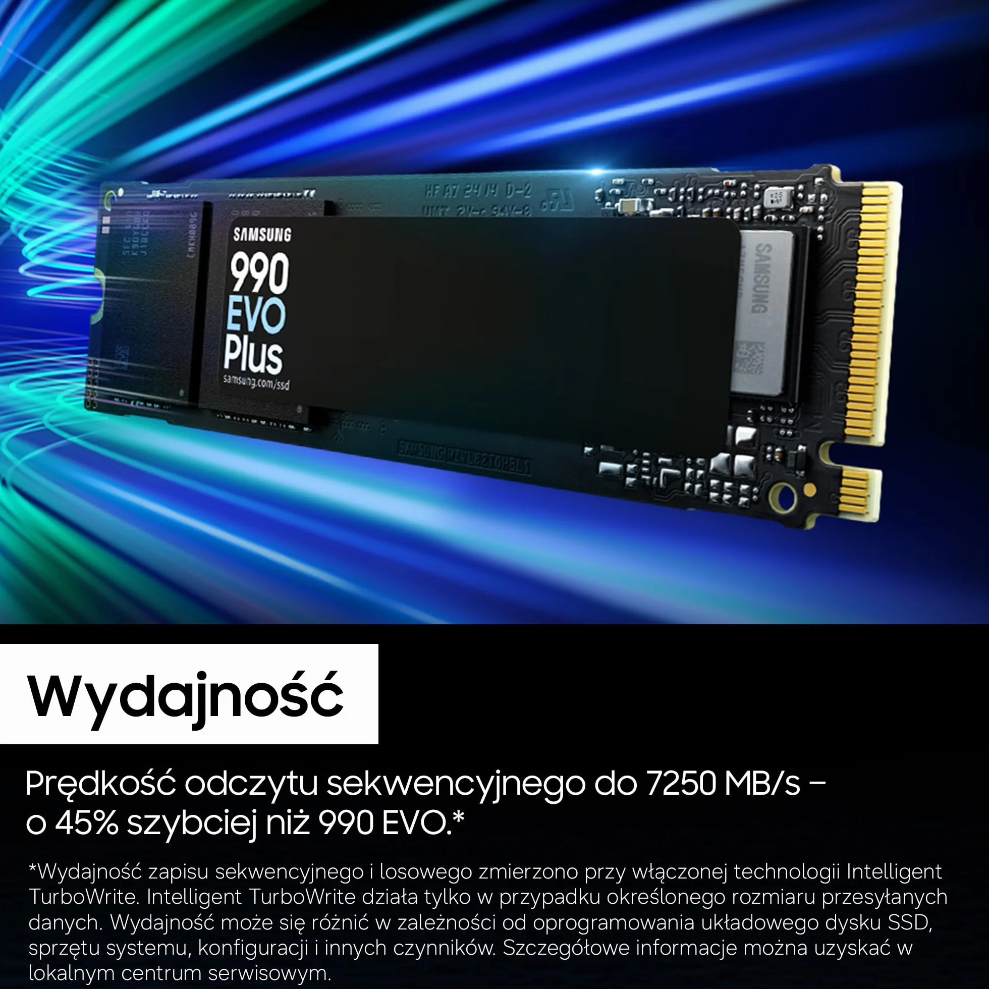 Dysk SSD Samsung 990 EVO Plus NVMe M.2 1 TB, PCIe 4.0 x4 / PCIe 5.0 x2, NVMe 2.0 (2280), odczyt 7150 MB/s, zapis 6300 MB/s, wewnętrzny dysk SSD do gier i edycji grafiki, MZ-V9S1T0BW