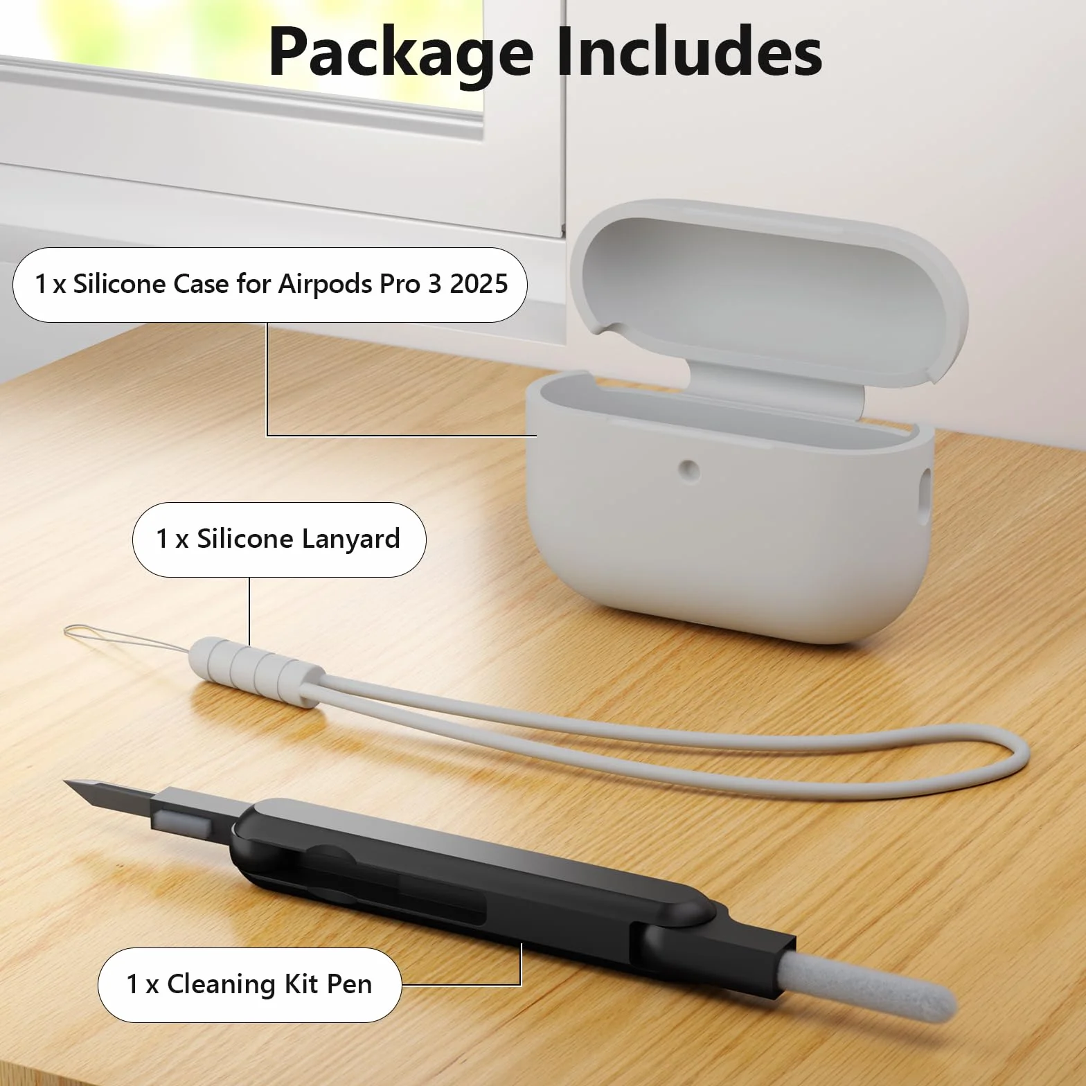 Etui kompatybilne z AirPods Pro 3, odporne na wstrząsy, odporne na upadki, odporne na zarysowania, silikonowe etui do AirPods Pro 3. generacji, z zestawem do czyszczenia i smyczą, szare