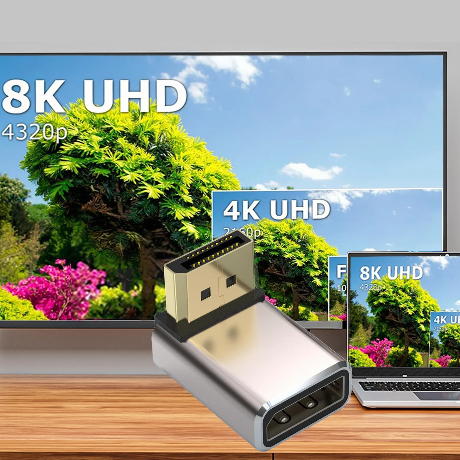Zestaw 2 Adapterów DisplayPort, Obudowa ze Stopu 8K UHD HDR Displayport (DP) 1.4 90 Stopni Wygięta do Góry Wtyczka na Gniazdo Przedłużacz Konwerter 8K 60Hz/4K @144Hz