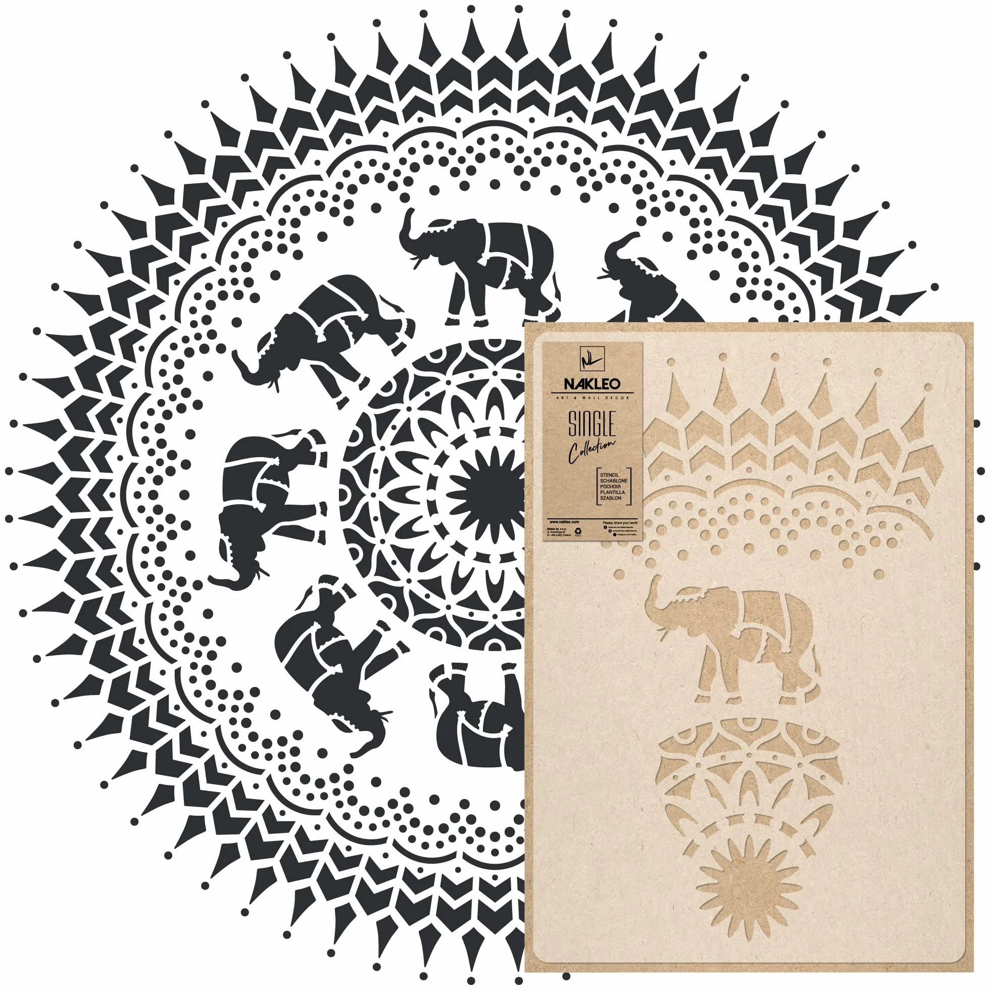 NAKLEO Mandala Szablon Malarski do Malowania Ścian Duży, 130 cm Słoń Mandala Koło Ornament Geometryczny, Wielorazowy Wielokrotny Plastik, Wzór DIY Dom Dekoracje, Papier Ściany Tkaniny Drewno Meble