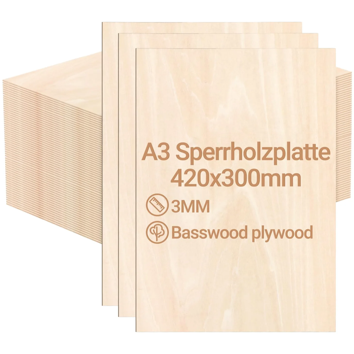 Płyta ze sklejki 3 mm, 420 x 300 mm, 50 sztuk, drewno lipowe, do majsterkowania, do modelarstwa, cięcia laserowego, grawerowania drewna, wypalania, malowania, malowania olejnego "zrób to sam"
