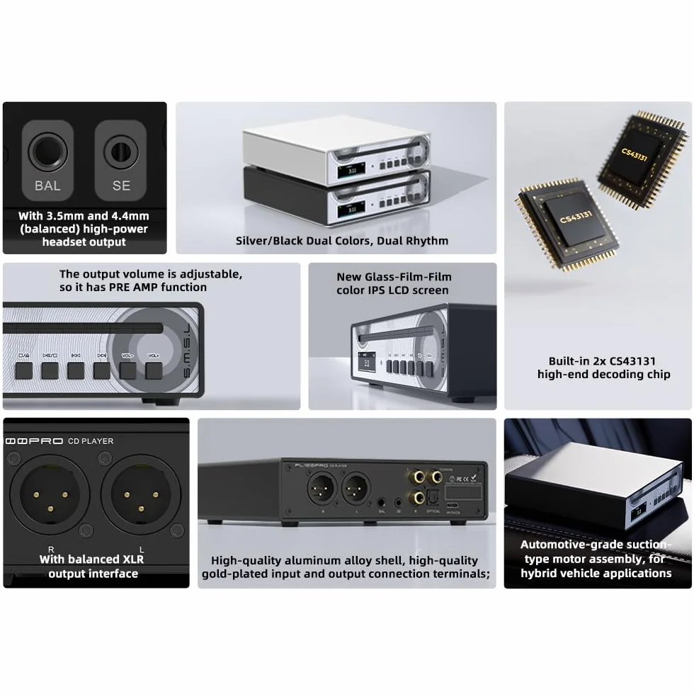 SMSL PL100PRO Odtwarzacz CD, RCA/Optical/Coaxial/XLR Balanced/3,5+4,4 mm, 200 mW 32 Ω, 2 x wysokiej klasy chipy DAC CS43131, kompatybilny z dyskami CD-R/CD-RW/MP3, bezstratne odtwarzanie MQA (czarny)