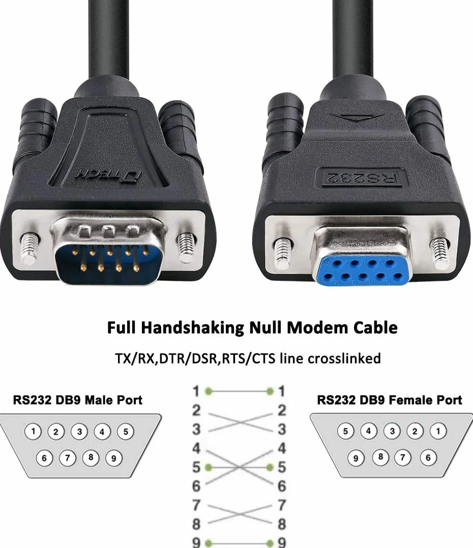 DTECH DB9 RS232 kabel szeregowy wtyczka kabel zerowy kabel modemowy pełny Handshake 7-przewodowy zwrotnica częstotliwości do komunikacji danych (3 m, czarny)