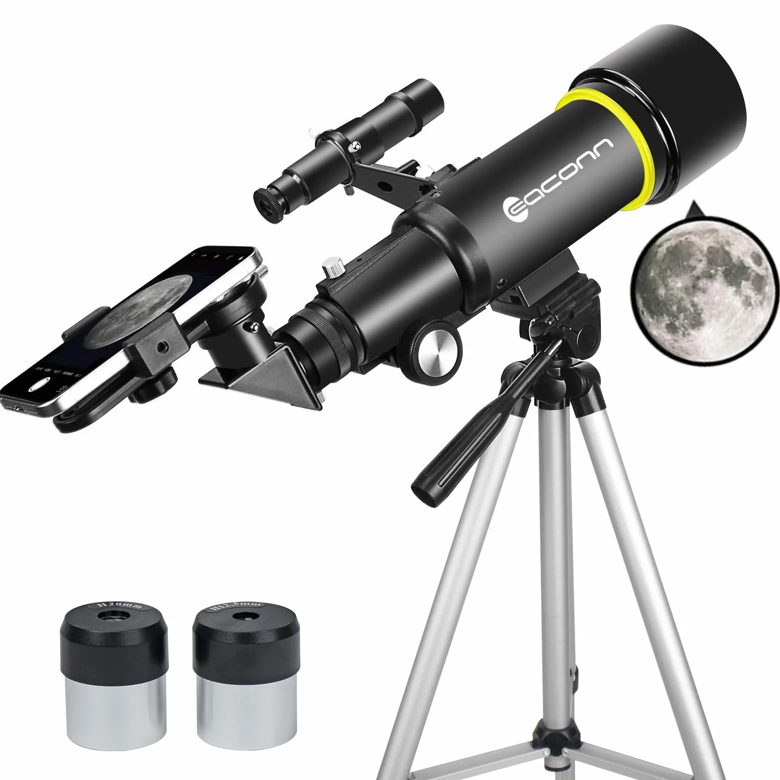 Teleskop dla dorosłych początkujących, otwarcie 70 mm, 400 mm, wsparcie AZ, wielopowłokowy refraktor optyczny, podróżny ze statywem, adapter do telefonu (czarny)