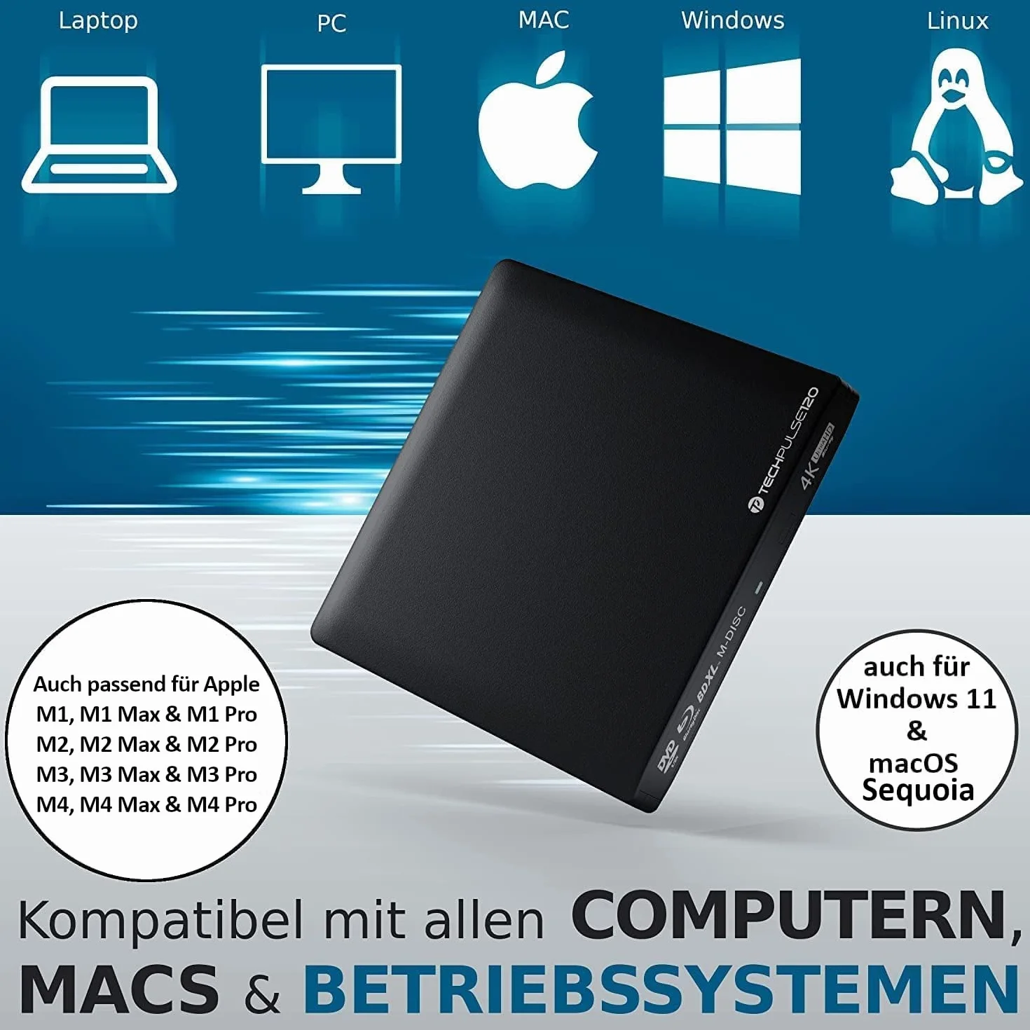 techPulse120 Zewnętrzna nagrywarka USB 3.1 USB-C UHD 4k 3D M-DISC Blu-ray DVD CD BDXL HDR10 128 GB nagrywarka Superdrive BD Imperator torba 90 cm kabel aluminiowy czarny