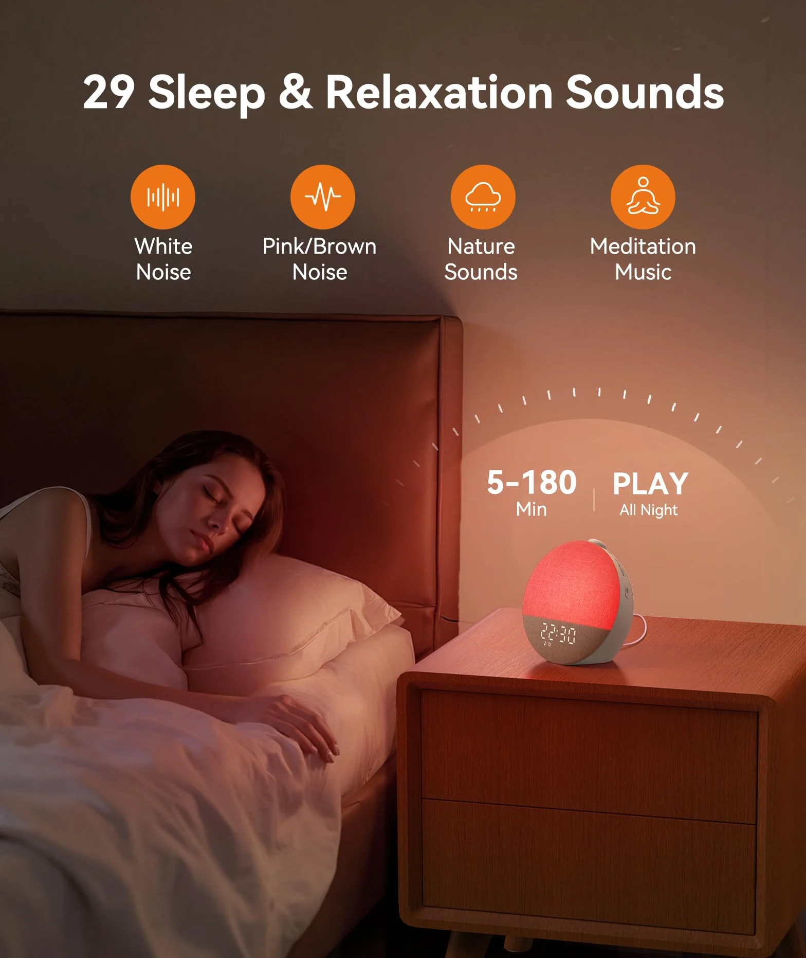 Dreamegg Sunrise Alarm Clock, Budzik o świcie, Maszyna Szum Biały 29 dźwięków, Ulubiony tryb, ściemniane światło i wyświetlacz, 32 tomy, 6 alarmów, 10 kolorów, Programator dla dzieci, Snooze