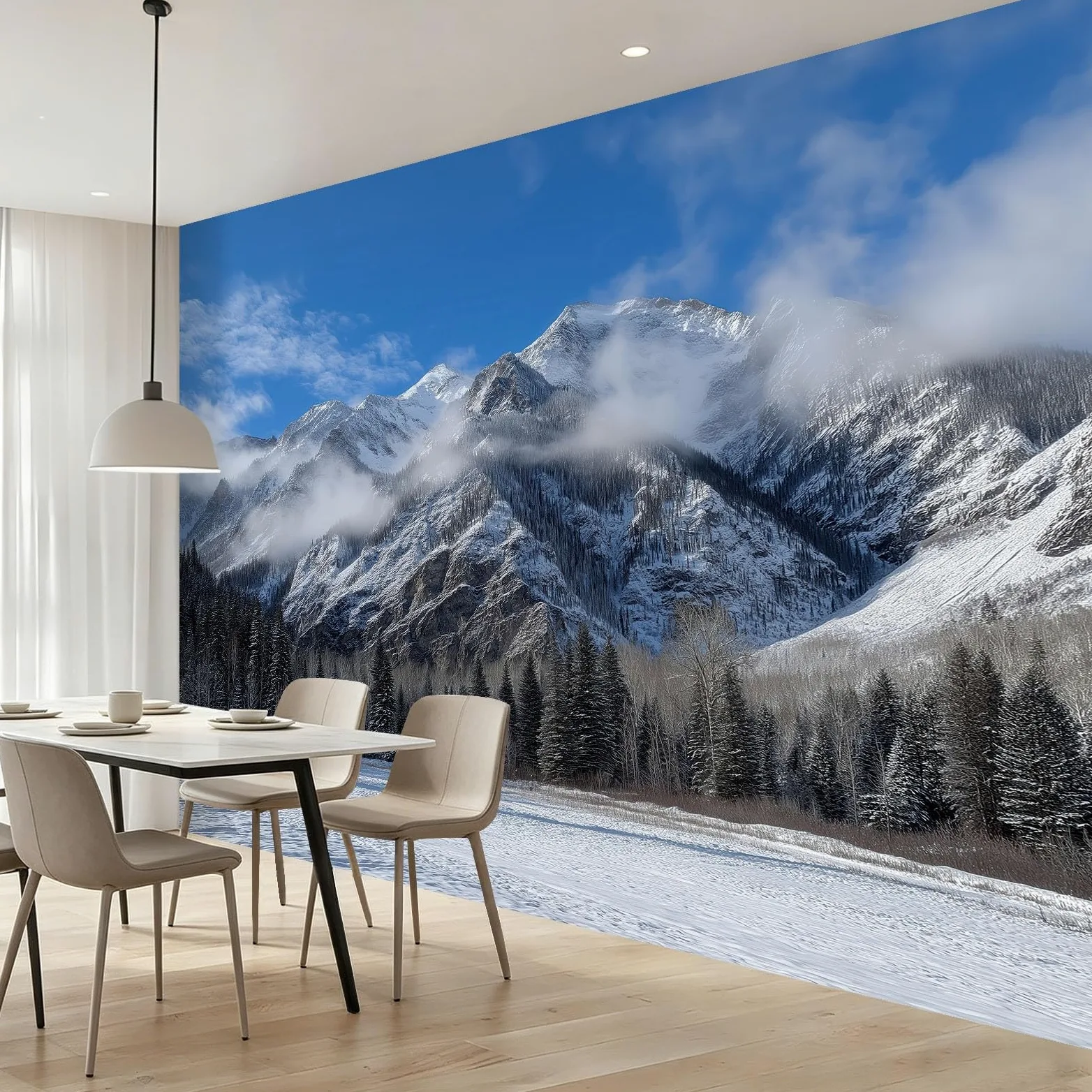 Natura, krajobraz, flizelina, fototapeta do sypialni, przy łóżku i przedpokoju, 250 x 175 cm, niewklejony efekt 3D, duży plakat fotograficzny, śnieżne góry, sosna, las mgiełka