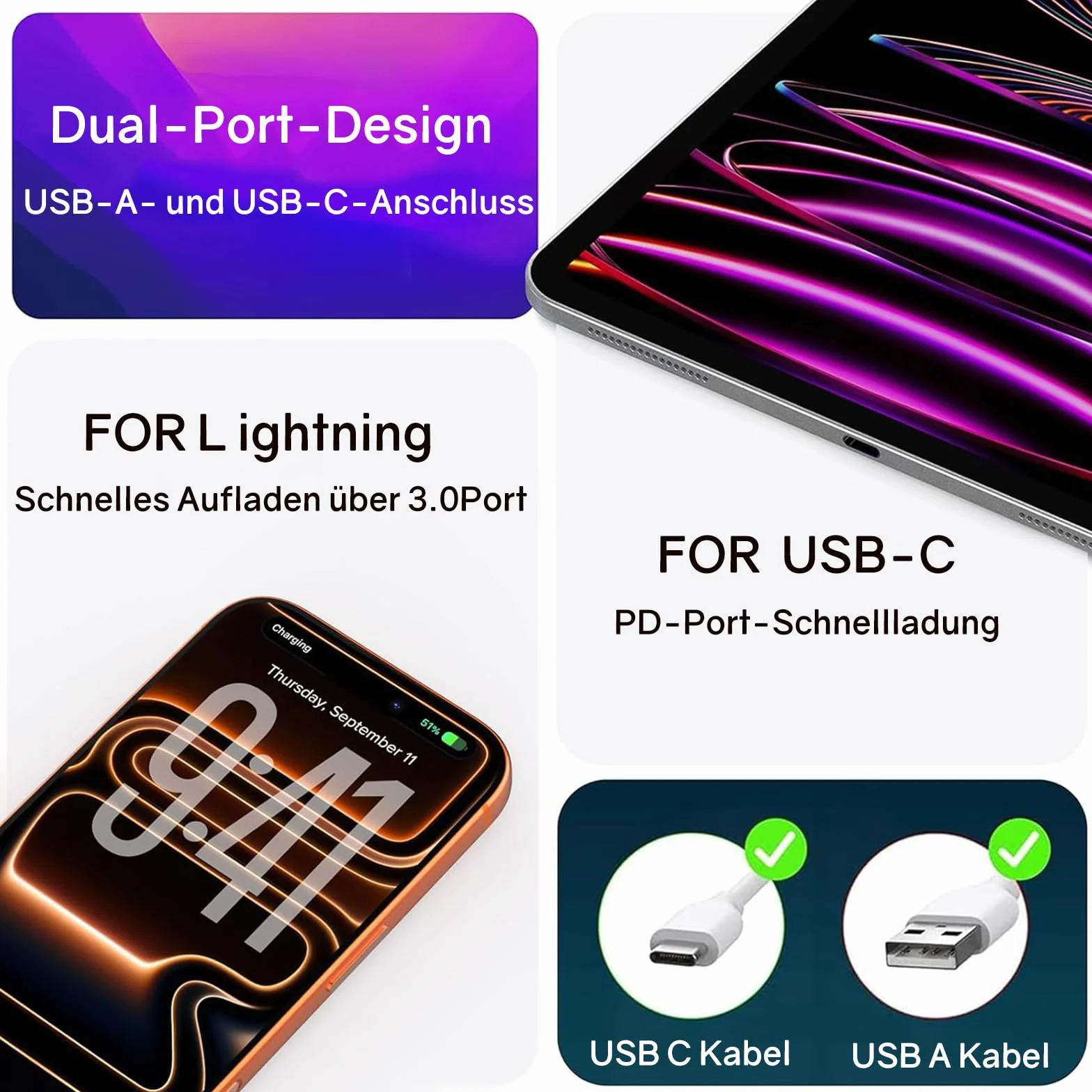 Powice Szybka ładowarka 20 W z 2 portami USB-C do Galaxy, Fast Charger