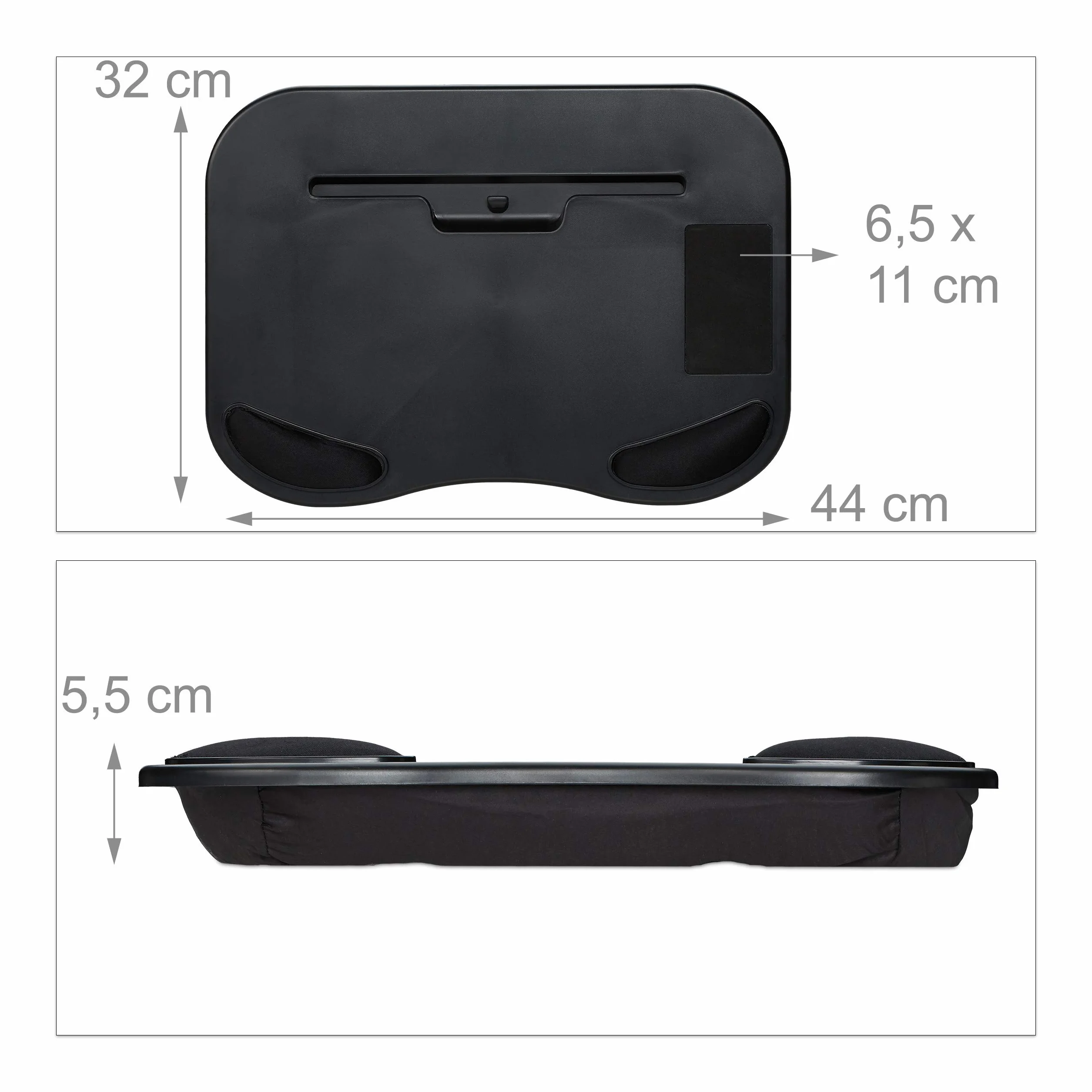 Relaxdays Poduszka na kolana laptop, podkładka pod rękę, półka na telefon komórkowy, taca na kolana ergonomiczna, do tabletu 11 cali, tworzywo sztuczne, czarna, 5,5 x 44 x 32 cm