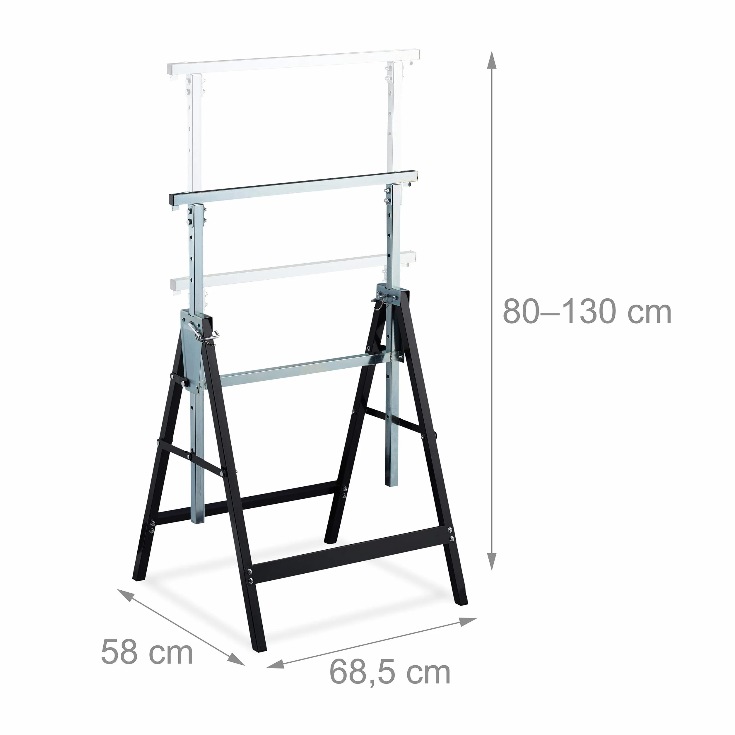 Relaxdays Składany kozioł, zestaw 2 szt., stabilny stojak na rusztowania, do 200 kg, 7-stopniowa regulacja wysokości 80-130 cm, składany, czarno-srebrny