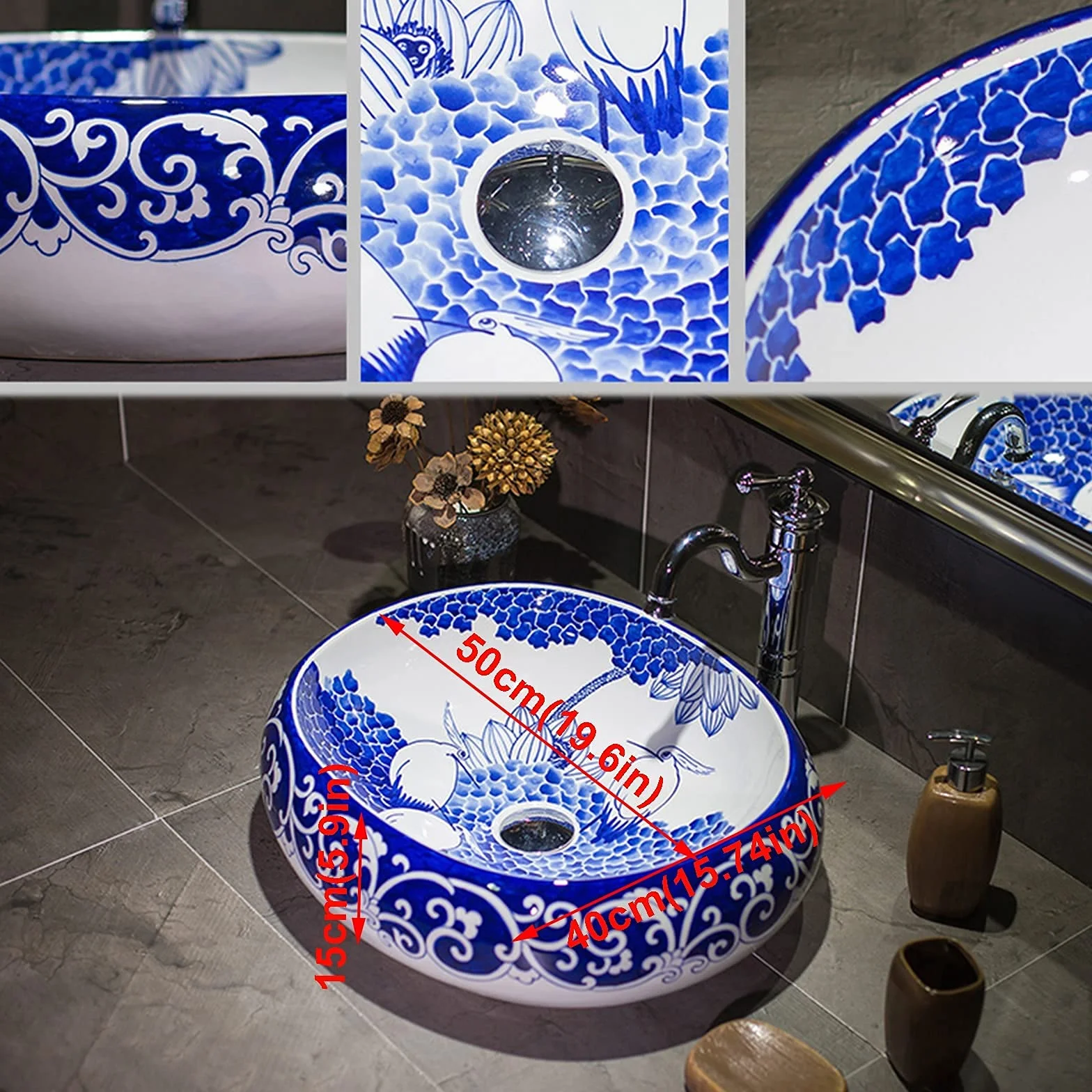 Umywalka nablatowa, umywalka ceramiczna, ręcznie malowana, okrągła umywalka nablatowa, nowoczesna miska łazienkowa nadblatowa, do przebudowy wanny, 50x41x15cm