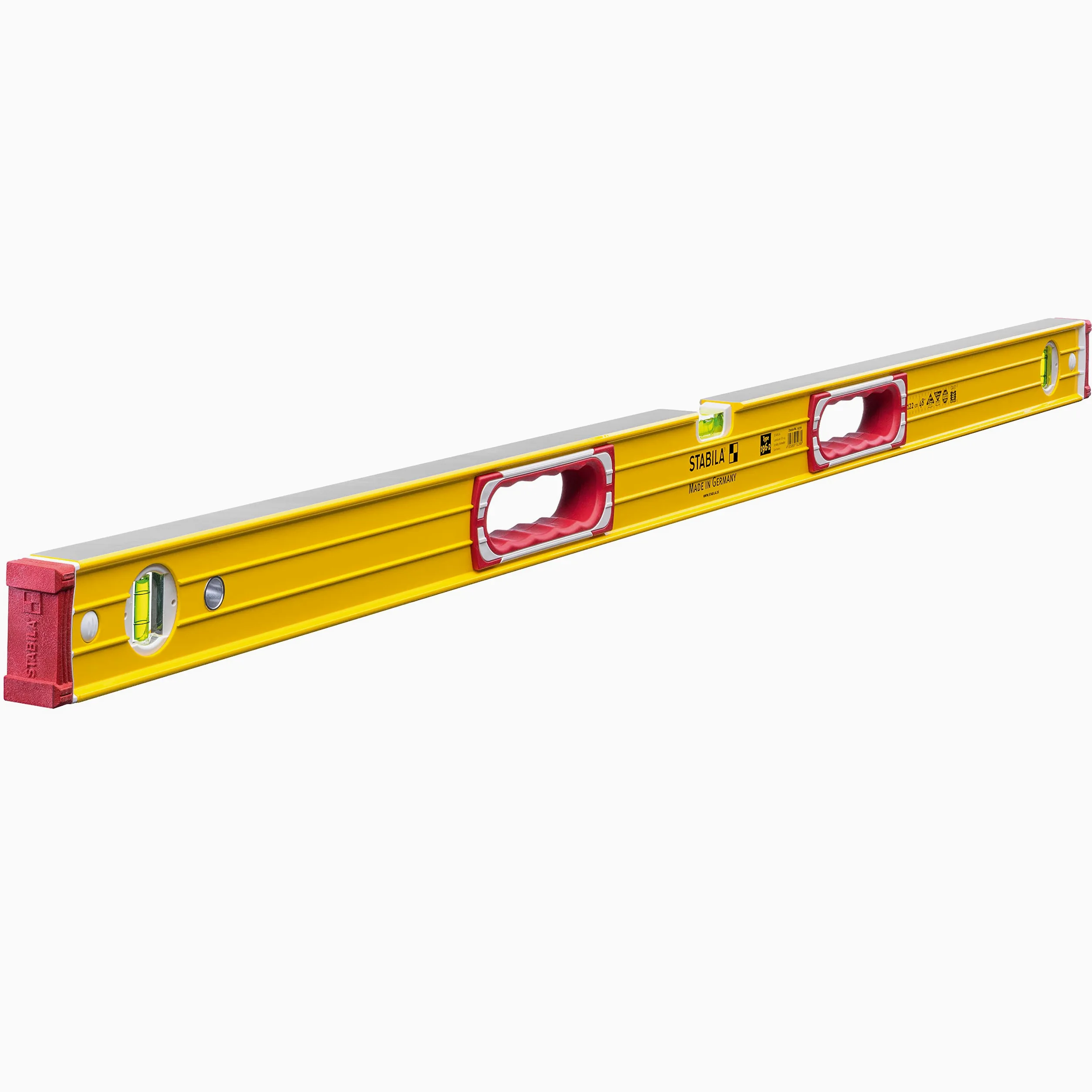 STABILA Poziomica typu 196-2, 122 cm, bardzo dojrzały profil aluminiowy, 1 pozioma libelka, 2 pionowe libele, 2 uchwyty, amortyzujące zaślepki, zintegrowane stopery antypoślizgowe, Made in Germany