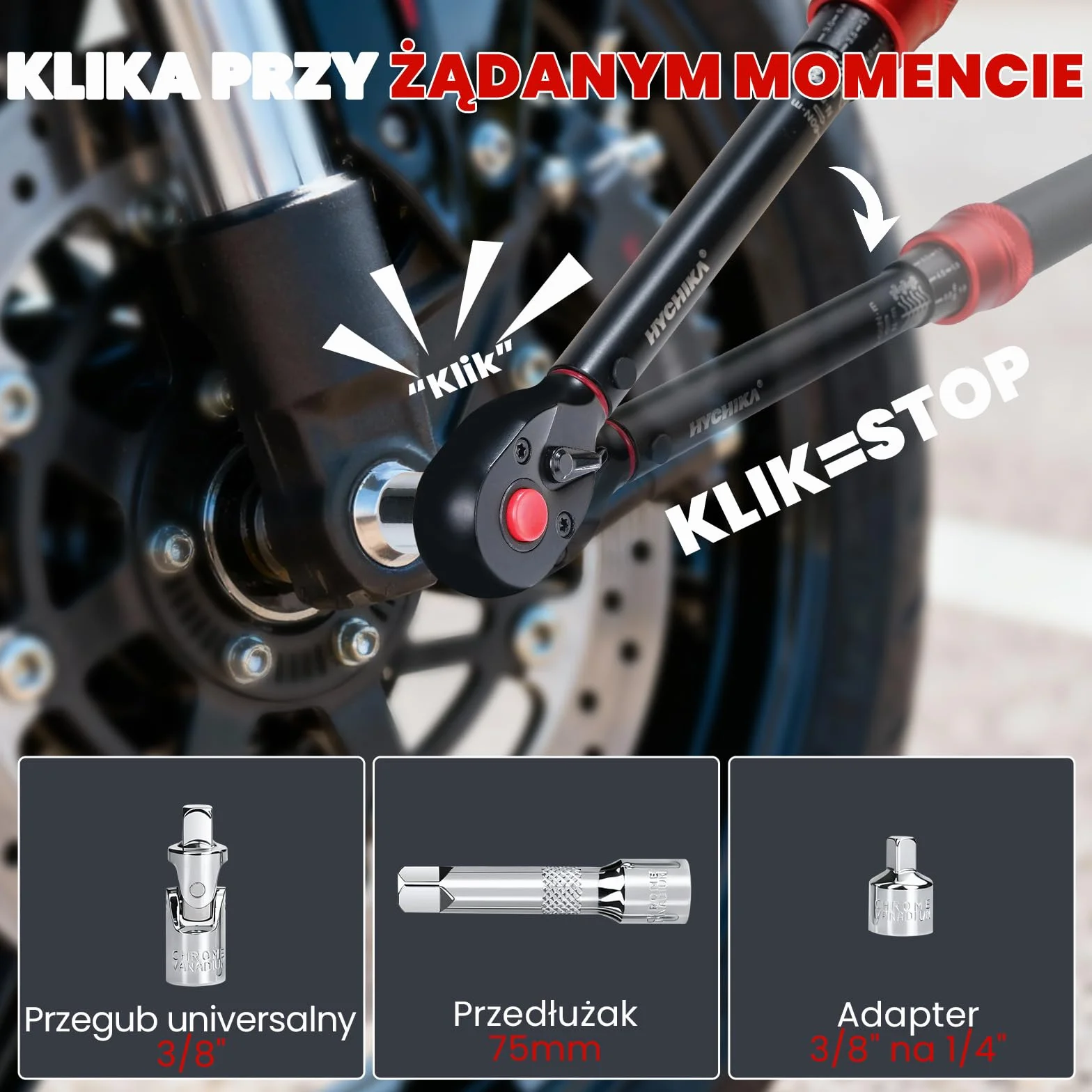 HYCHIKA klucz dynamometryczny 3/8", 10-60 Nm, dokładność ± 2%, 72 zęby, zestaw kluczy dynamometrycznych do samochodu, motocykla, roweru, adaptera 3/8 na 1/4, przegub kardanowy, drążek przedłużający 75