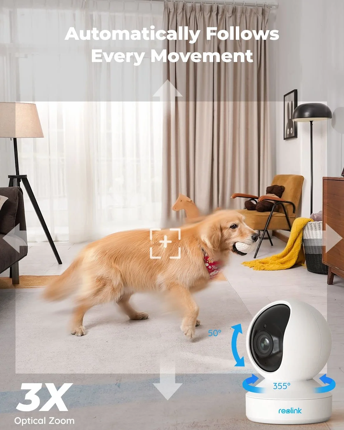 Reolink 5MP PTZ Wewnętrzna Kamera WiFi, 2.4/5 GHz, Detekcja AI Osób/Zwierząt, Auto-Śledzenie, 3X Zoom, 2-kierunkowe Audio, E1 Zoom