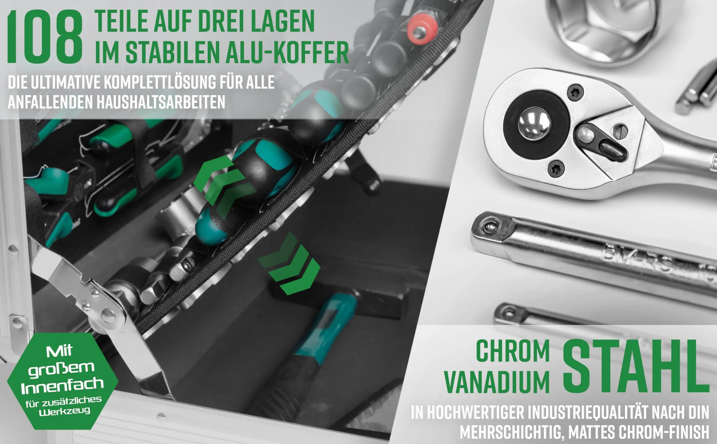Brüder Mannesmann Aluminiowa walizka narzędziowa M29075, 108-częściowa