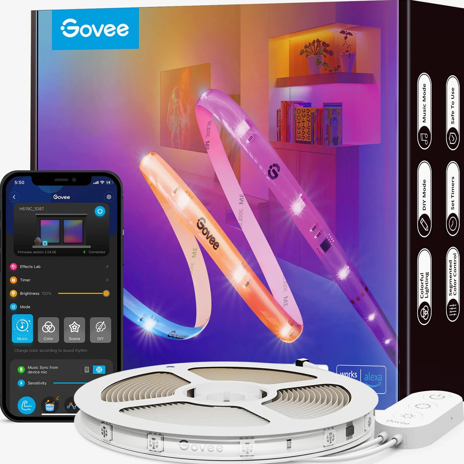 Govee Govee RGBIC Pro Taśma świetlna LED, inteligentna, współpracuje z Alexa i Google Assistant, powlekana taśma świetlna, synchronizacja z muzyką, sterowanie aplikacją, zmiana kolorów, 10 m | Współpracuje z Google Assistant, taśma świetlna LED, synchroni