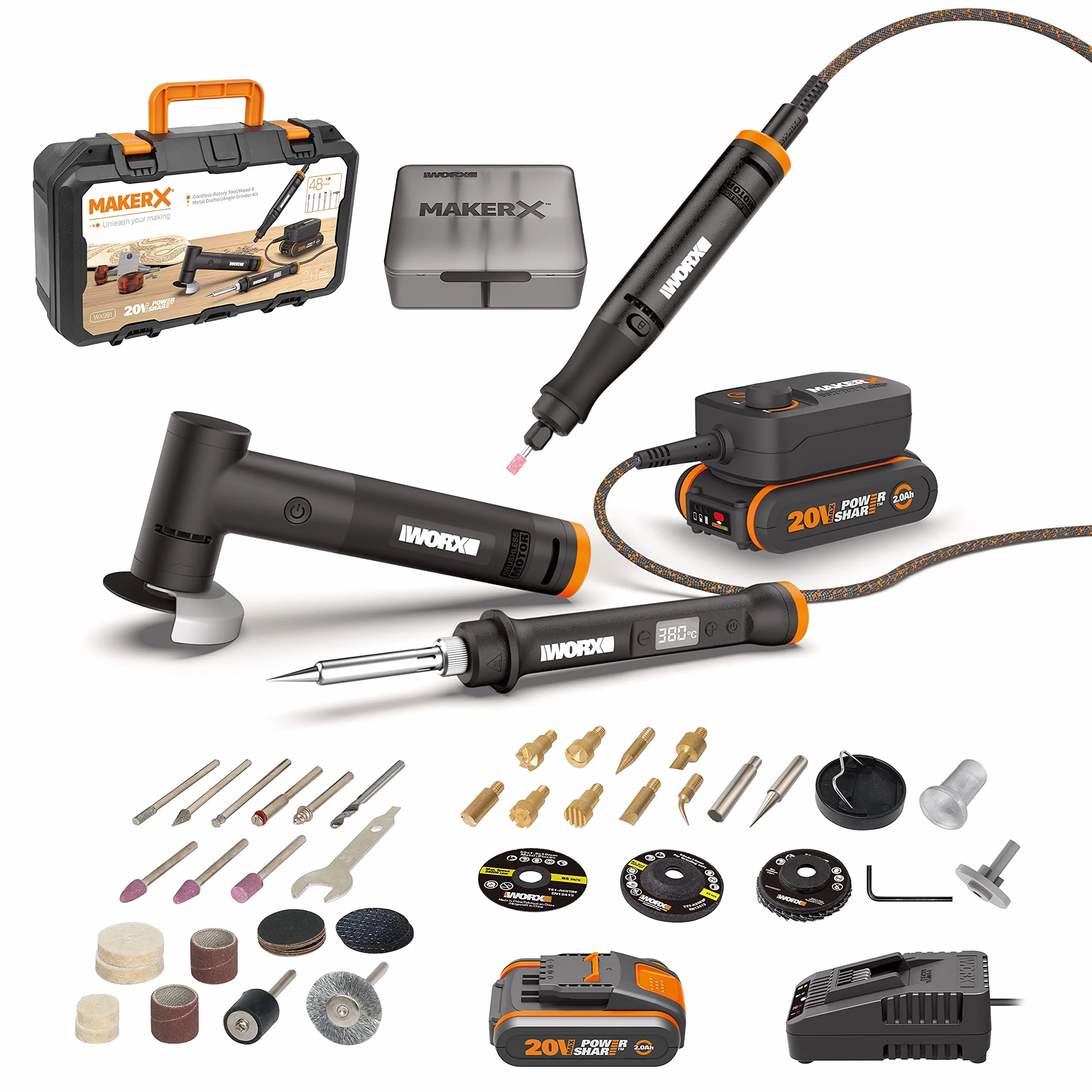 WORX MakerX 18V (20 V MAX) narzędzie obrotowe + grawer do drewna i metalu + szlifierka kątowa, zestaw Combo 3 narzędzia WX991, PowerShare, 1 bateria w zestawie, 48 akcesoriów w zestawie