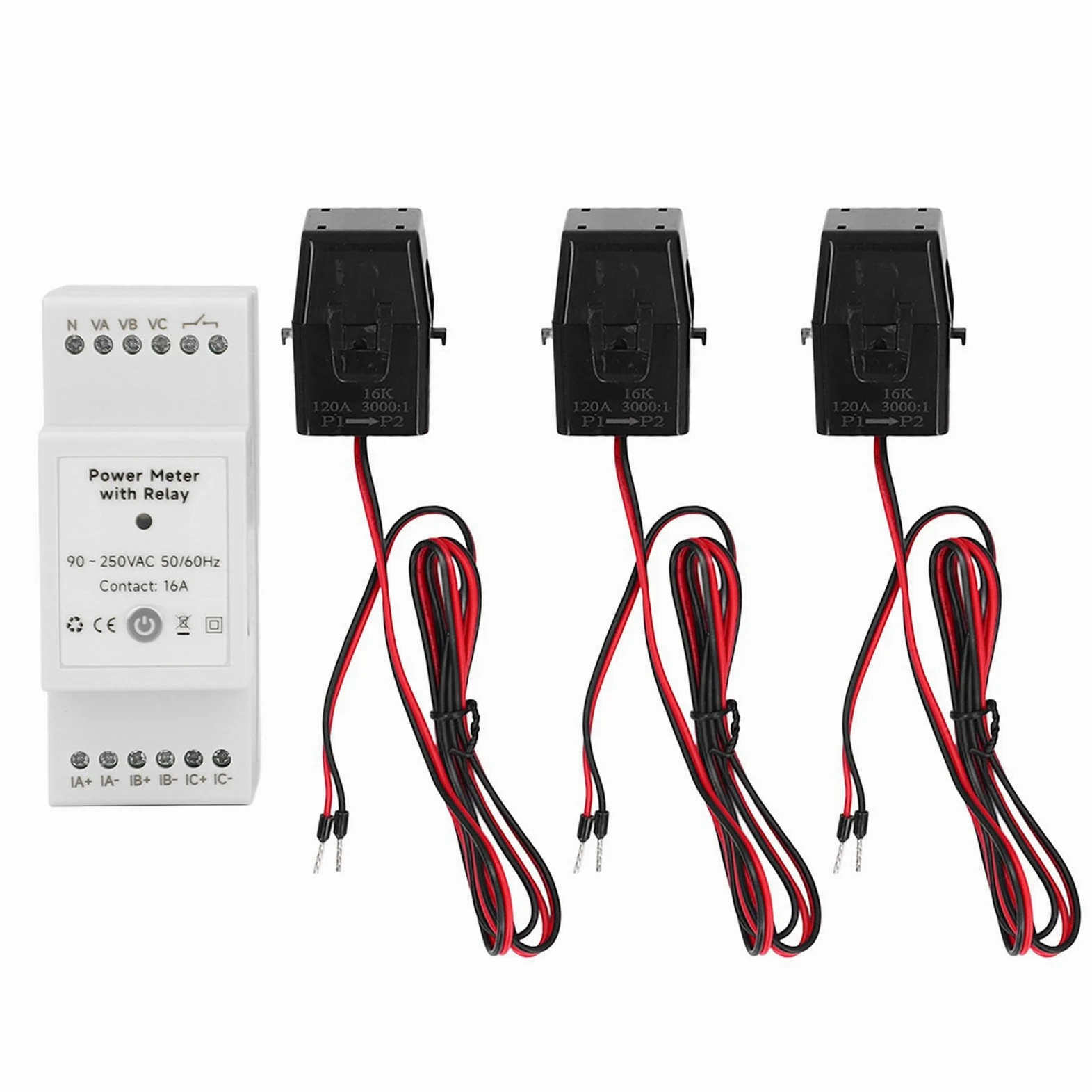 Eujgoov Monitor Energii WiFi, 3-fazowy, 4-przewodowy Inteligentny Licznik Zużycia Energii Elektrycznej ABS z 3 Zaciskami CT 120A, Dwukierunkowy Monitoring Aplikacji w Czasie Rzeczywistym Sterowanie