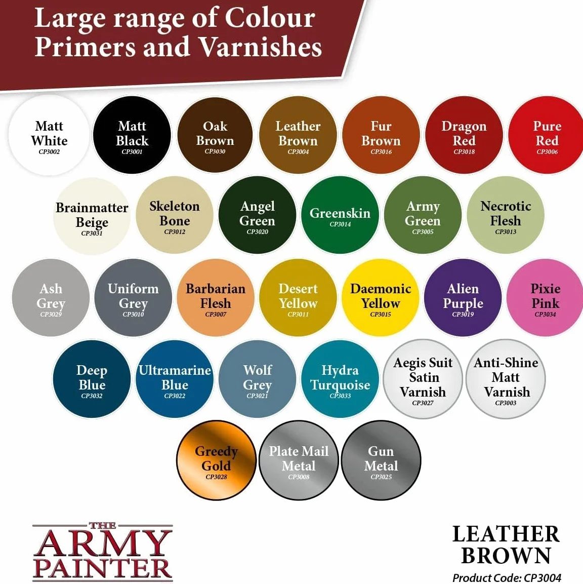 The Army Painter Colour Primer Leather Brown, 400 mL akrylowy spray podkładowy, farba w sprayu do gruntowania figurek, gier fabularnych, planszowych i bitewnych.