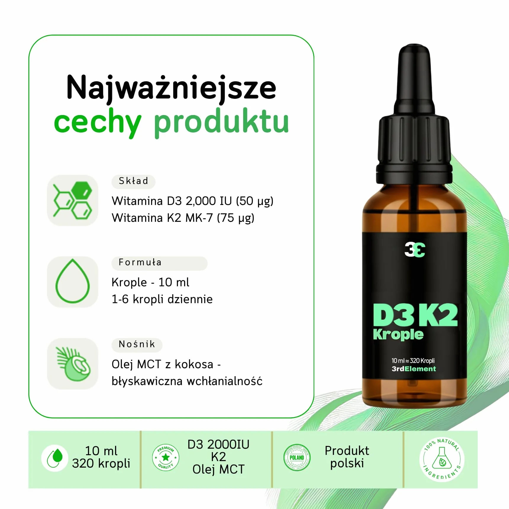 Witamina D3 K2 w kroplach 10 ml | D3 2000 iu | Wysoka przyswajalność | Wspiera odporność, kości i mięśnie
