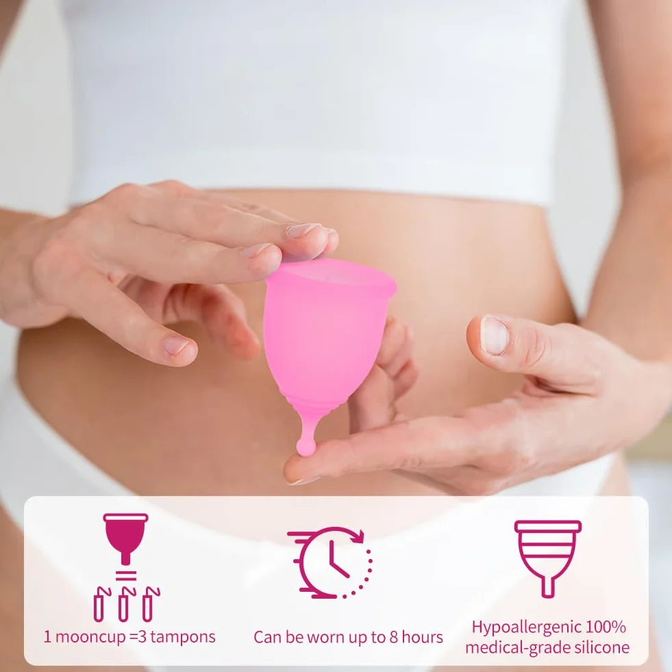 ACWOO Kubek menstruacyjny, 2 szt. silikonowych kubków menstruacyjnych klasy medycznej (rozmiar S i L), miękkie, wygodne kubki menstruacyjne wielokrotnego użytku, produkty higieniczne do pielęgnacji