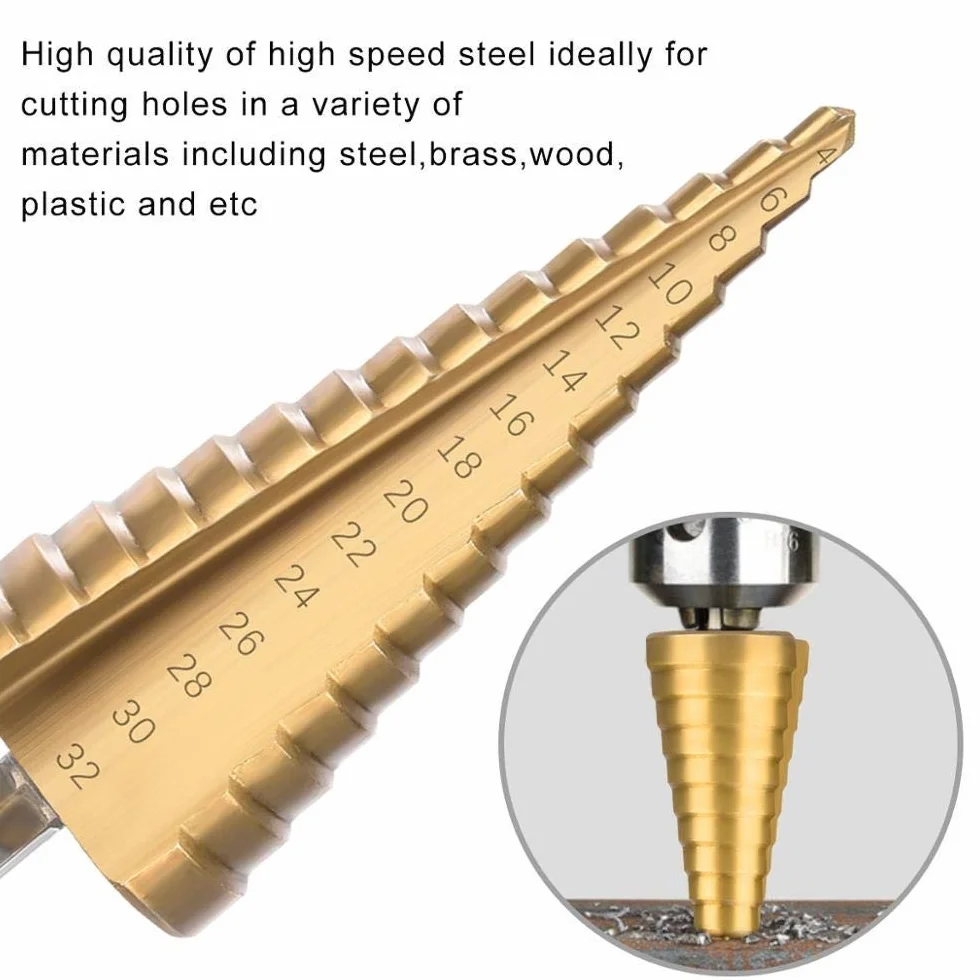 Wiercenie wiertła stopniowe HSS wiertło stopniowe do metalu drewno wiertło stożkowe wiertło stożkowe narzędzia do obróbki drewna (kolor: 1 szt. 4 32mm, kształt trzpienia: sześciokątny) (rozmiar (4 1