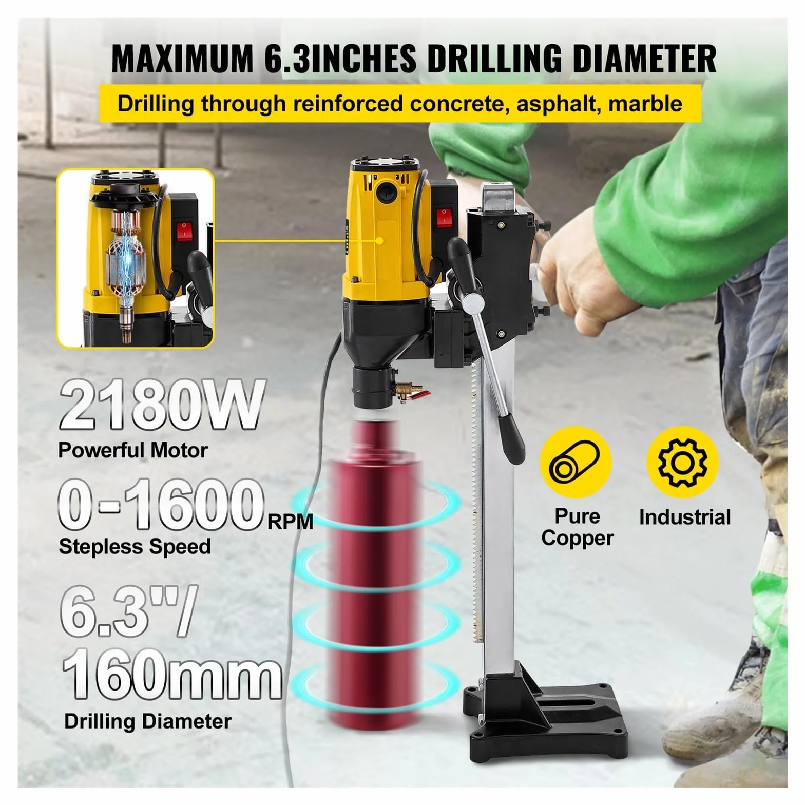 2180W diamentowa wiertnica rdzeniowa 160mm 180mm wiertła ręczna/stojak przemysłowa mokra elektryczna wiertarka rdzeniowa do betonu(160mm)