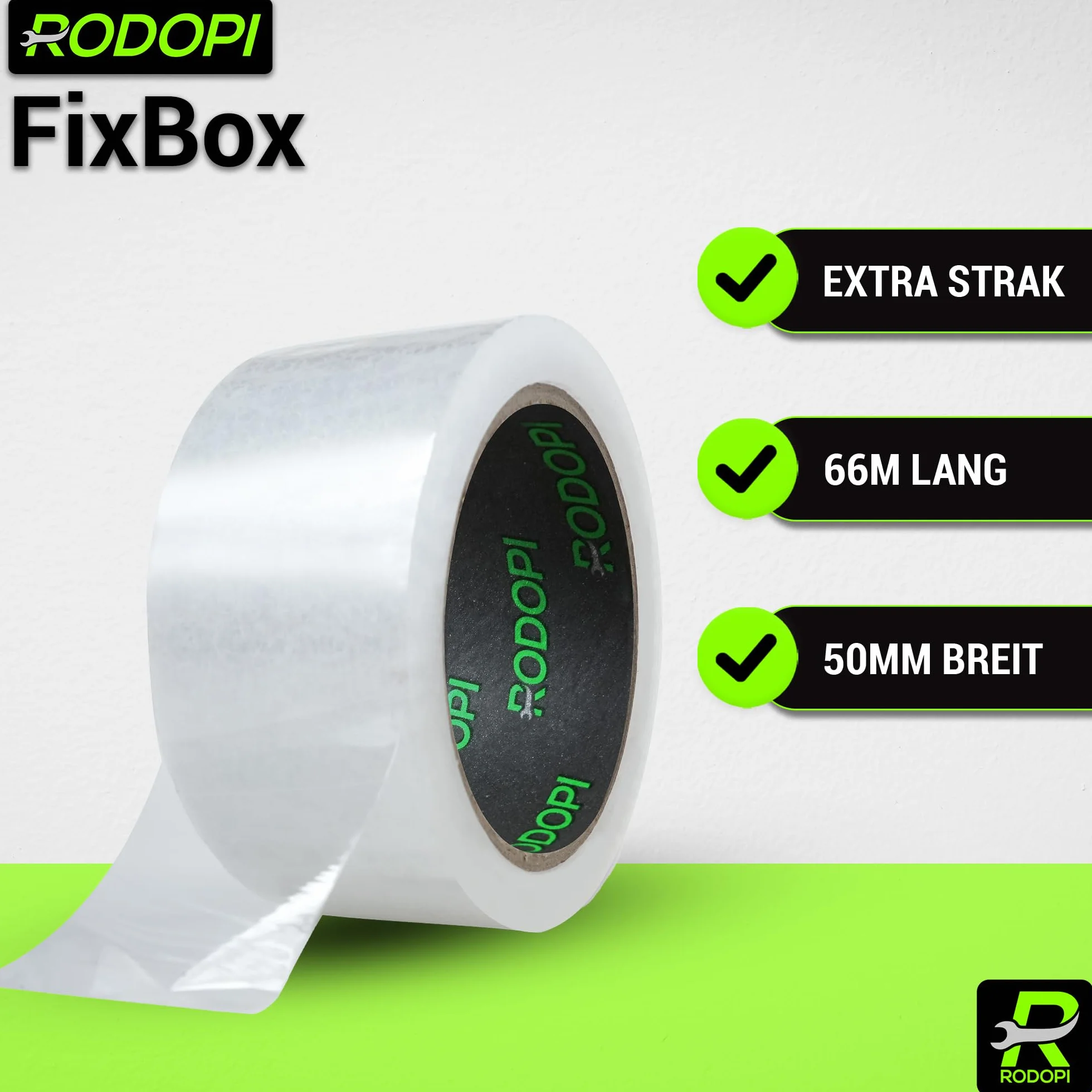 RODOPI FixBox taśma klejąca do pakowania, 50 mm x 66 m, brązowa i przezroczysta, taśma do pakowania ręcznego do kartonów przeprowadzkowych lub wysyłki