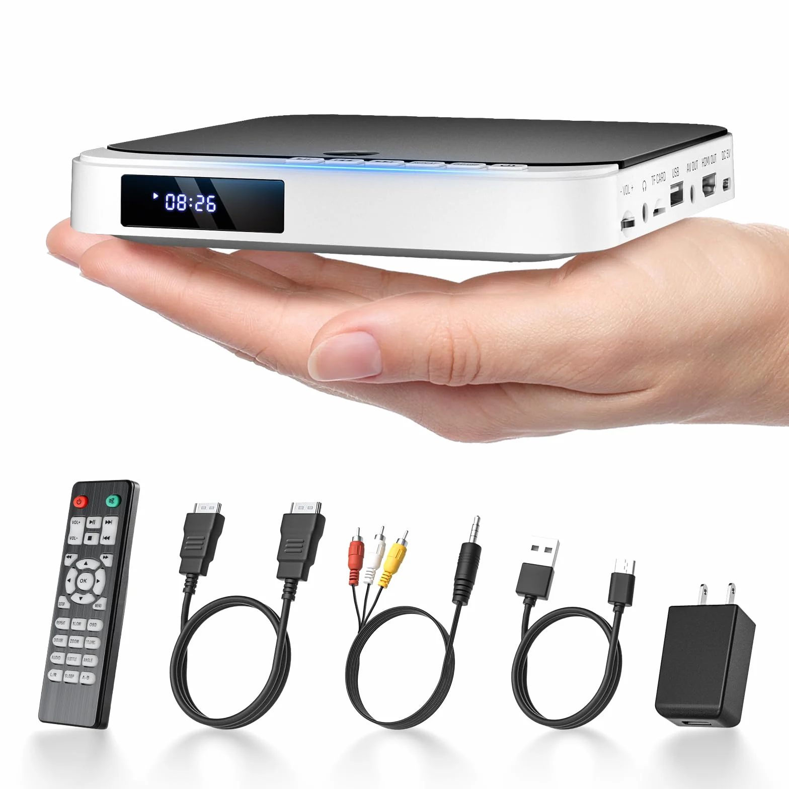 DESOBRY Mini odtwarzacz DVD 1080P HD, mały odtwarzacz DVD do telewizora, bez wszystkich regionów, kompaktowe, odtwarzanie w wielu formatach, wyjście HDMI i AV, wejście karty USB/TF, pilot zdalnego