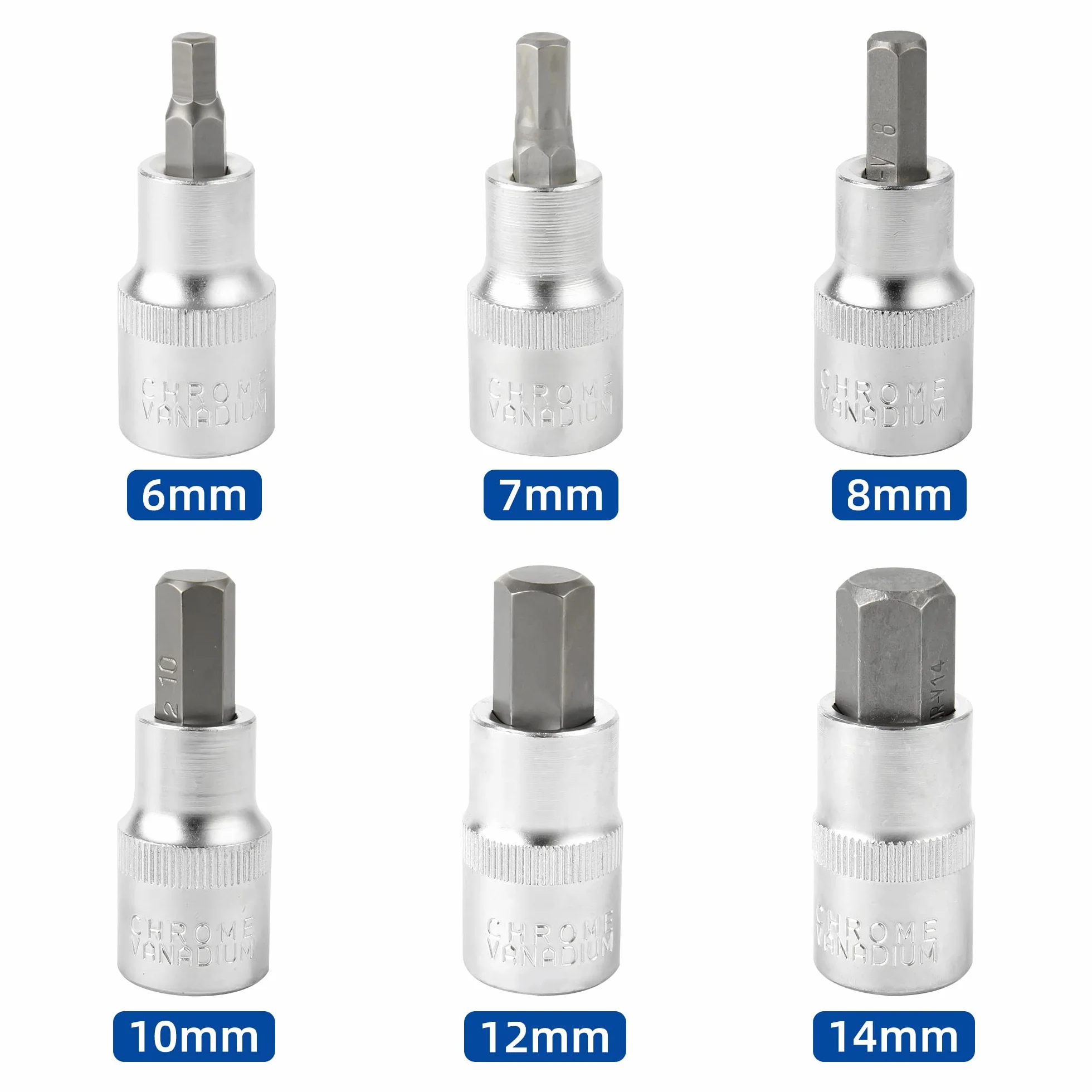 DAKCOS Zestaw nasadek sześciokątnych 1/5.1 cm, 6-częściowy zestaw nasadek do kluczy imbusowych, metryczny, 6 mm - 14 mm, stal stopowa S2 i CR-V