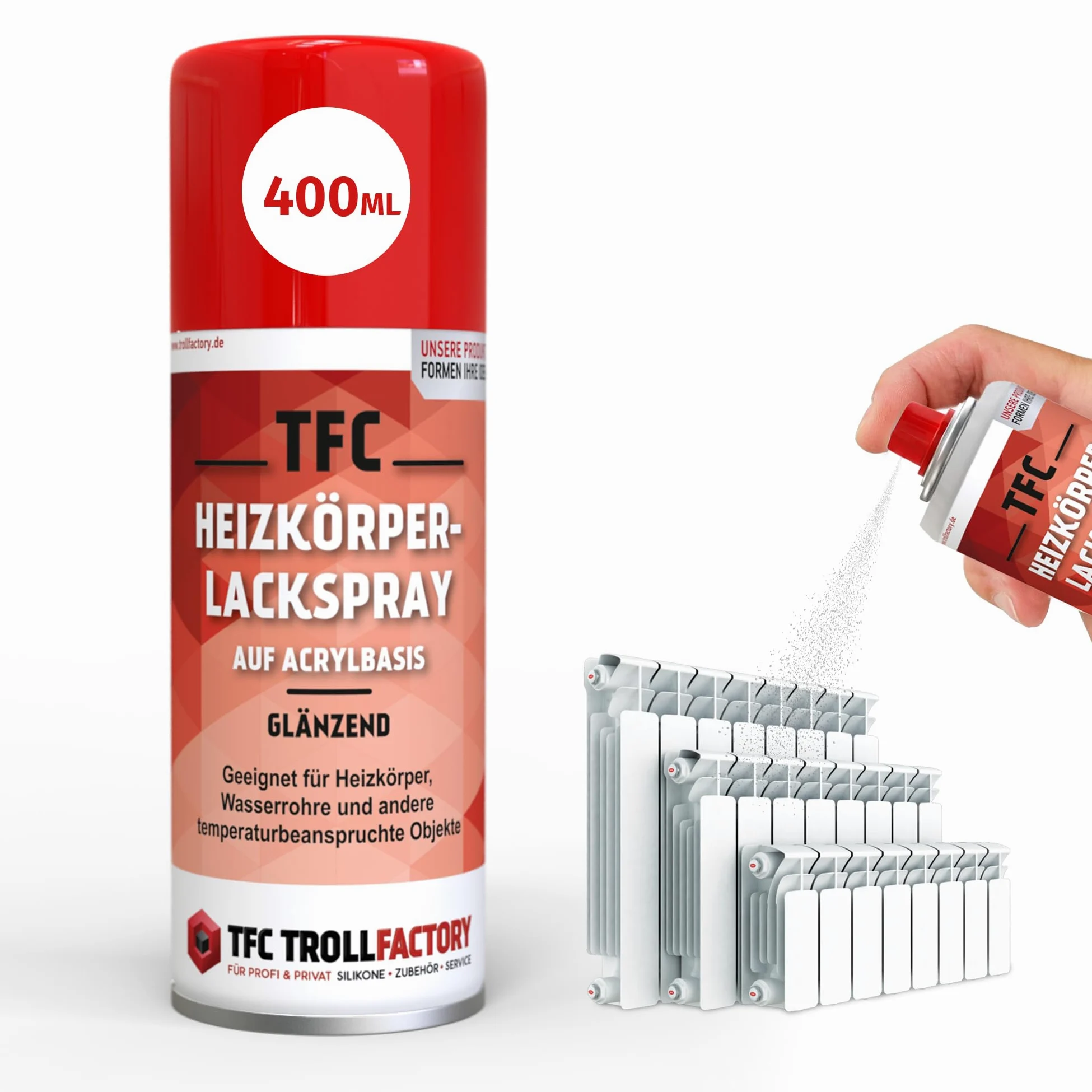TFC lakier do grzejników w sprayu – błyszczący, czysta biel, spray na bazie akrylu do grzejników i rur wodnych, łatwe zastosowanie, doskonałe krycie, szybkoschnący i odporny na promieniowanie UV, 2 x
