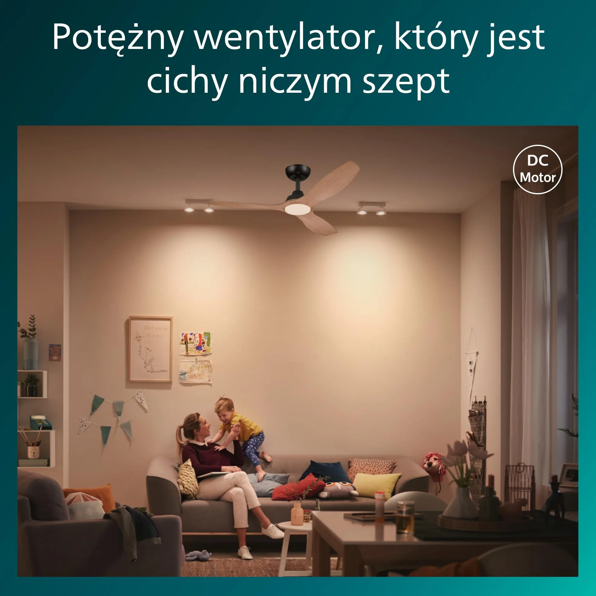 Wentylator sufitowy Philips Olas z 3 łopatkami, światłem LED 24W, silnikiem DC i funkcją regulacji temperatury barwowej (3000K-4300K-6500K) z możliwością przyciemniania, 52", czarny, W zestawie pilot.