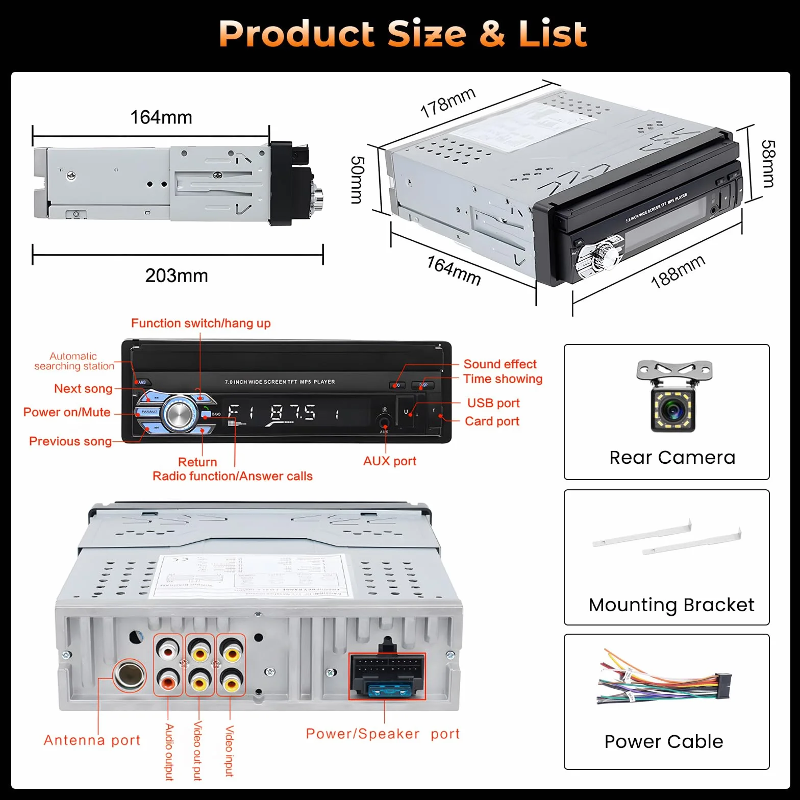 Radio samochodowe Hikity 1 Din z 7-calowym wysuwanym ekranem Radio samochodowe Bluetooth Zestaw głośnomówiący z USB FM Mirror Link AUX Kamera cofania
