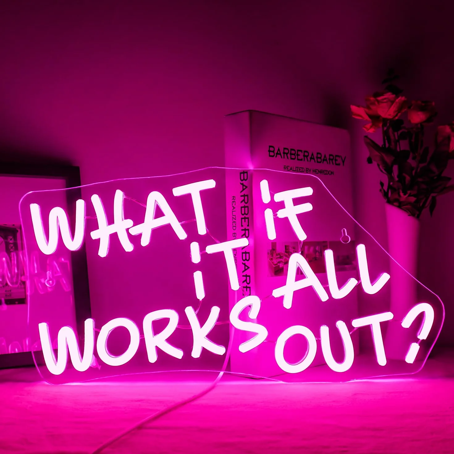 ineonlife 'What if it All Works Out' neonowy znak do dekoracji ścian, ściemniane, neonowe znaki świetlne LED, 5 V/2 A, zasilany przez USB, różowy znak świetlny, do salonu, biura, na imprezę, do