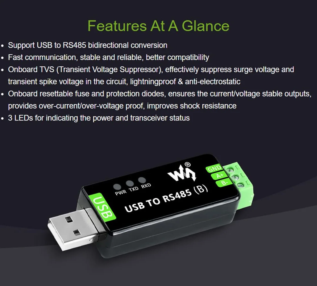 Waveshare Industrial USB TO RS485 Bidirectional Converter Onboard Original CH343G Multi-Protection Circuits