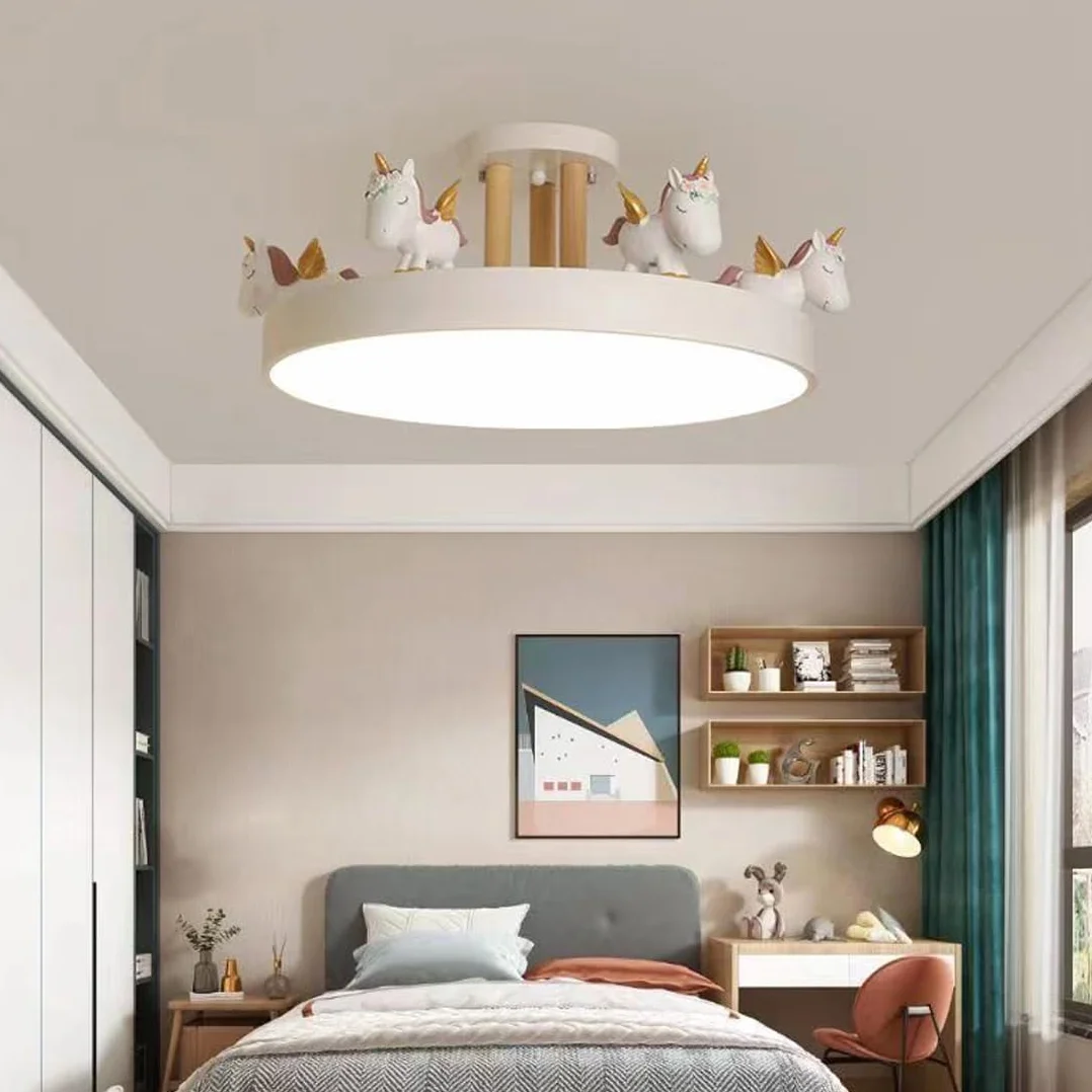 Lampa sufitowa do pokoju dziecięcego, biała, jednorożec, lampa LED, ściemniana, nowoczesna lampa sufitowa dla dzieci z pilotem zdalnego sterowania, 50 cm, okrągły akrylowy klosz, dekoracyjny żyrandol