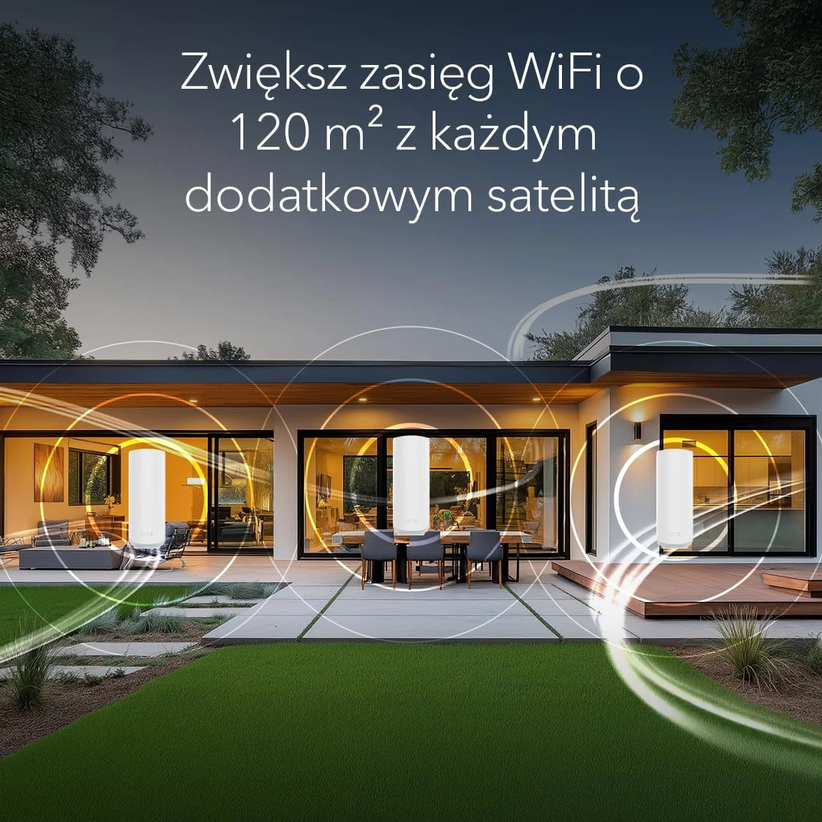 NETGEAR Orbi Dodatkowy satelita Mesh WiFi 7 RBE370 BE3600 3,6 Gb/s 120 m2