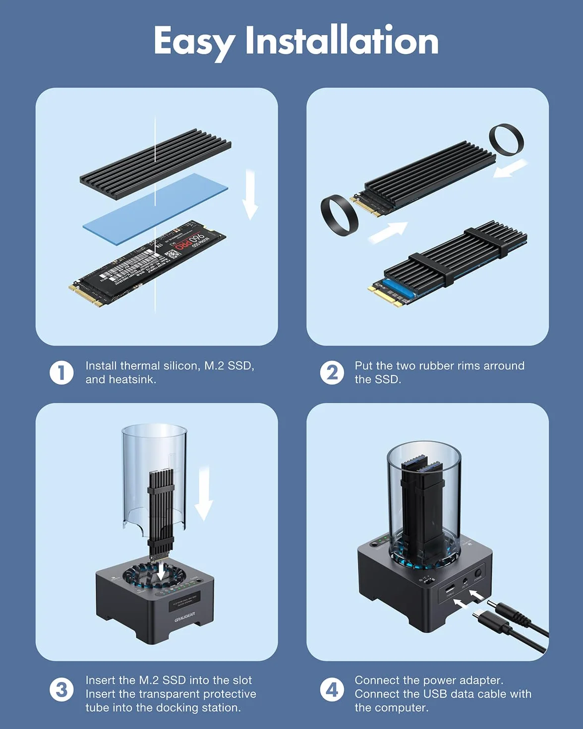 GRAUGEAR Stacja dokująca M2 NVMe SSD Clone-Station do 2x M.2 PCIe SSD 22100/2280/2260/2242/2230 M-Key USB 3.2 Gen2x2 20 Gbit/s