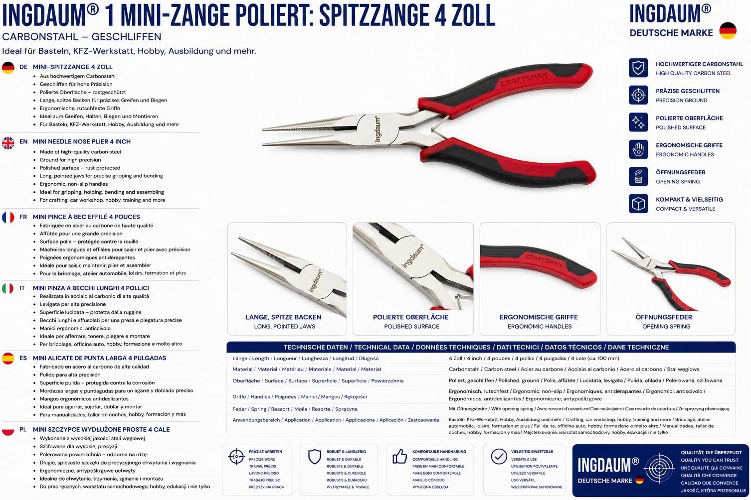 Szczypce spiczaste, proste, 4 cale/ok. 100 mm płaskie szczypce okrągłe, stal węglowa, polerowane, do bezpiecznego wprowadzania, zginania i cięcia żył i drutów (szczypce ze szpiczastymi