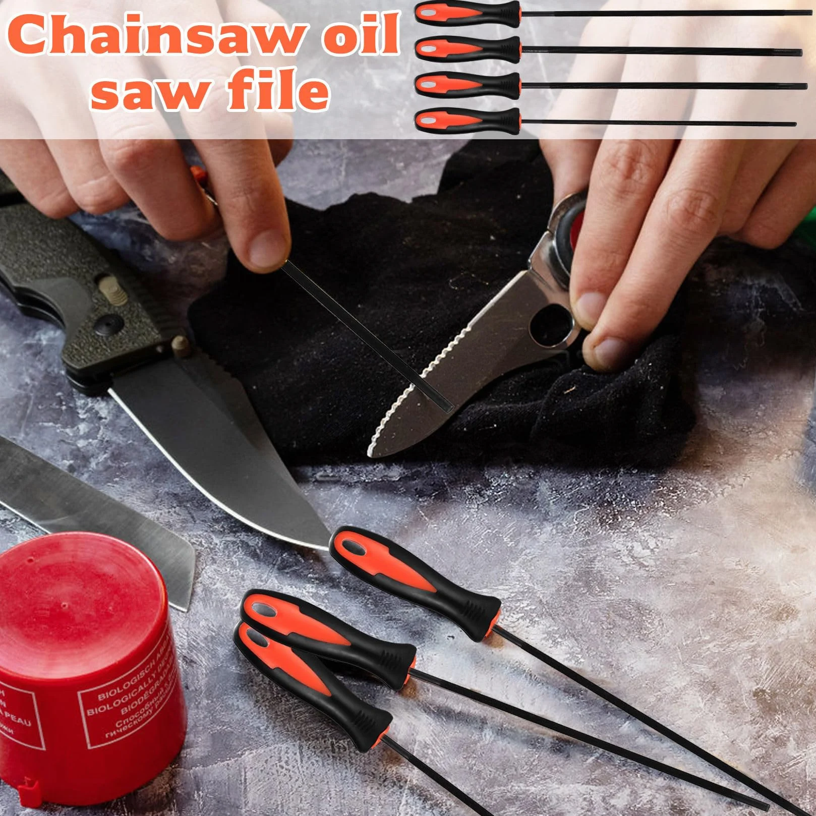 4 sztuki pilników do piły łańcuchowej, zestaw pilników do piły łańcuchowej, zestaw pilników z uchwytem, okrągły pilnik łańcuchowy, pilniki do pił łańcuchowych, pilniki do pił łańcuchowych