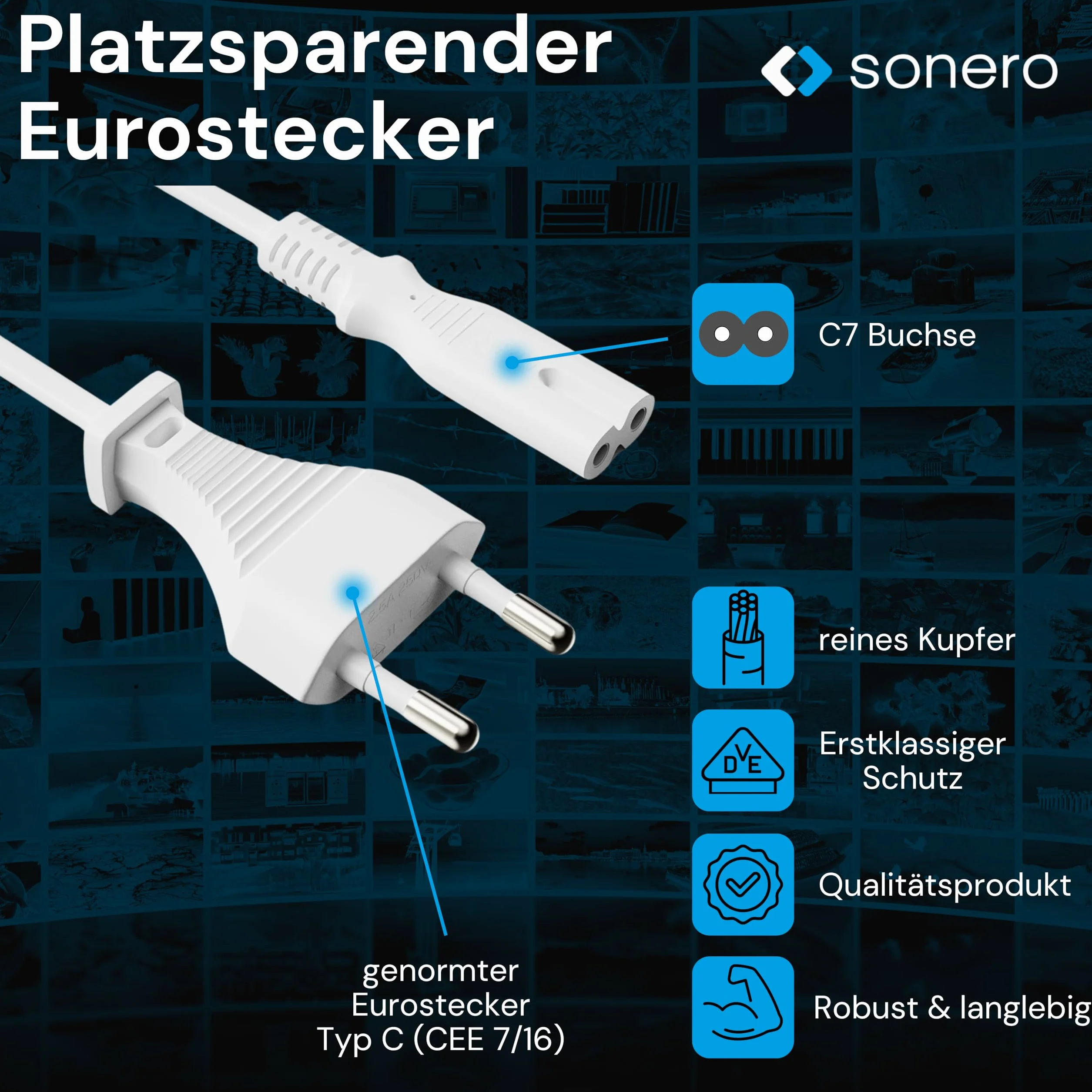 sonero Kabel zasilający 2-biegunowy 3,0 m Euro C do IEC C7 do TV PS5 PS4 PS3